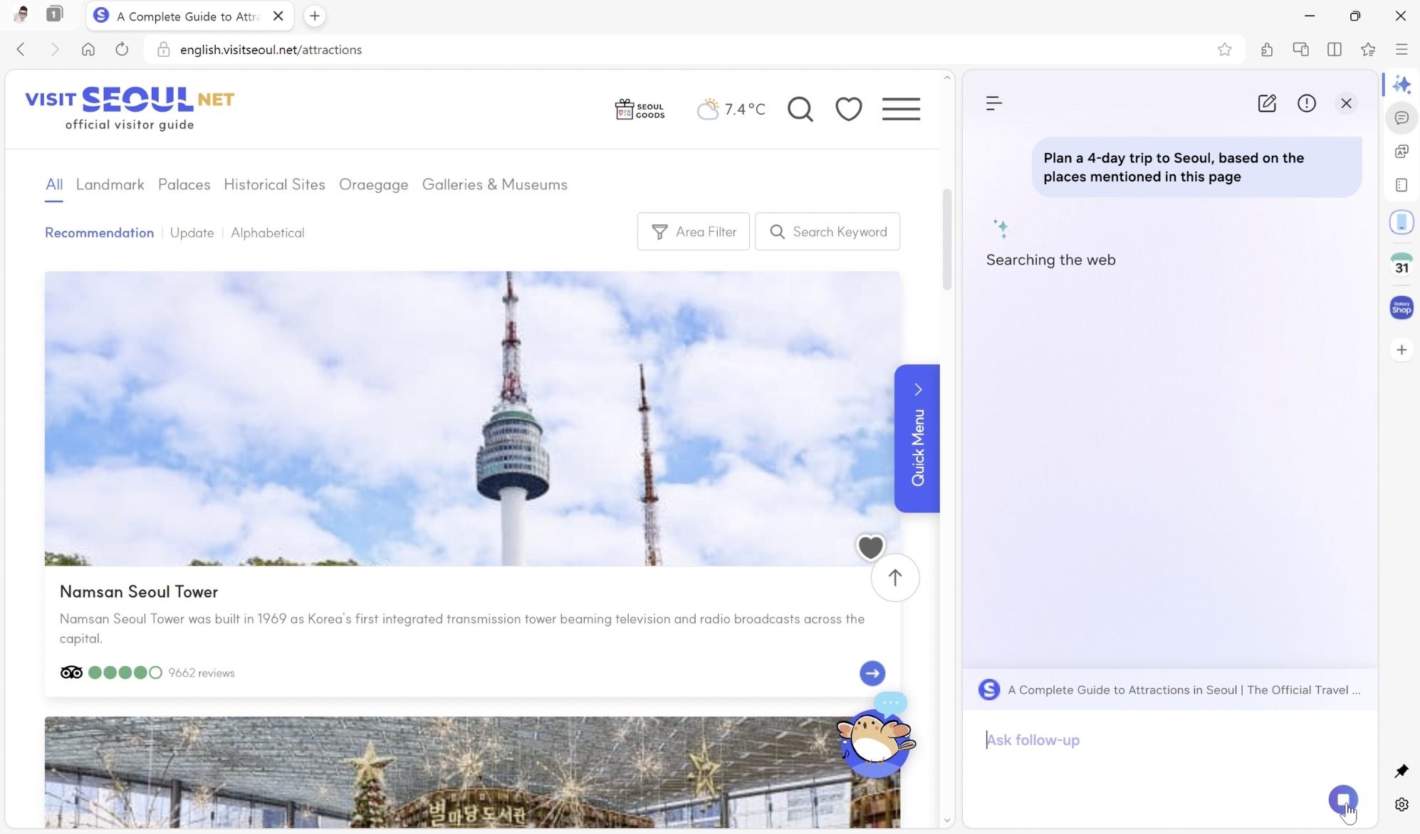 planification de voyage à l'aide du navigateur Samsung