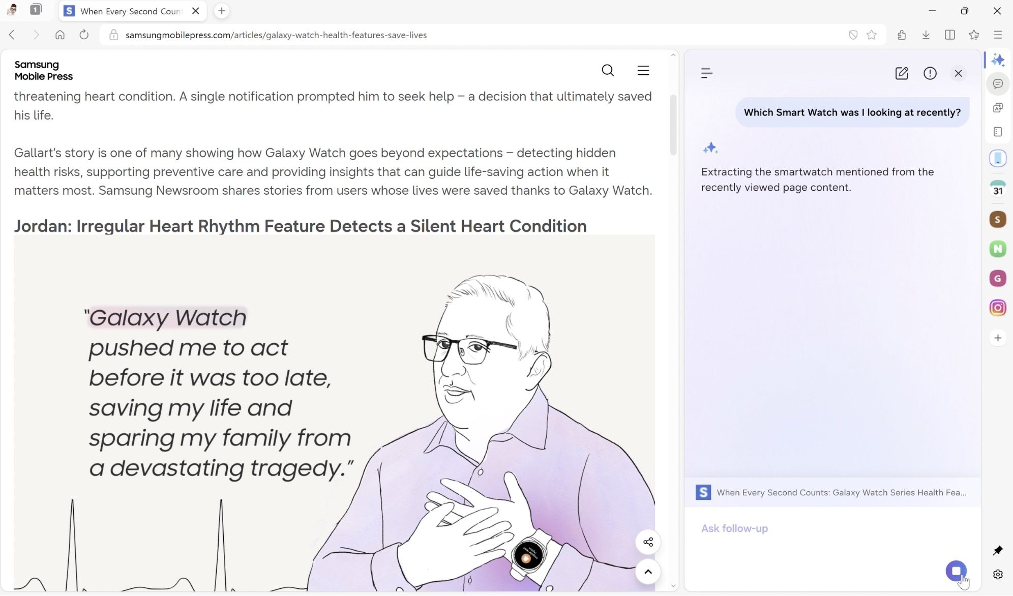 Recherche en langage naturel du navigateur Samsung dans l'historique de navigation