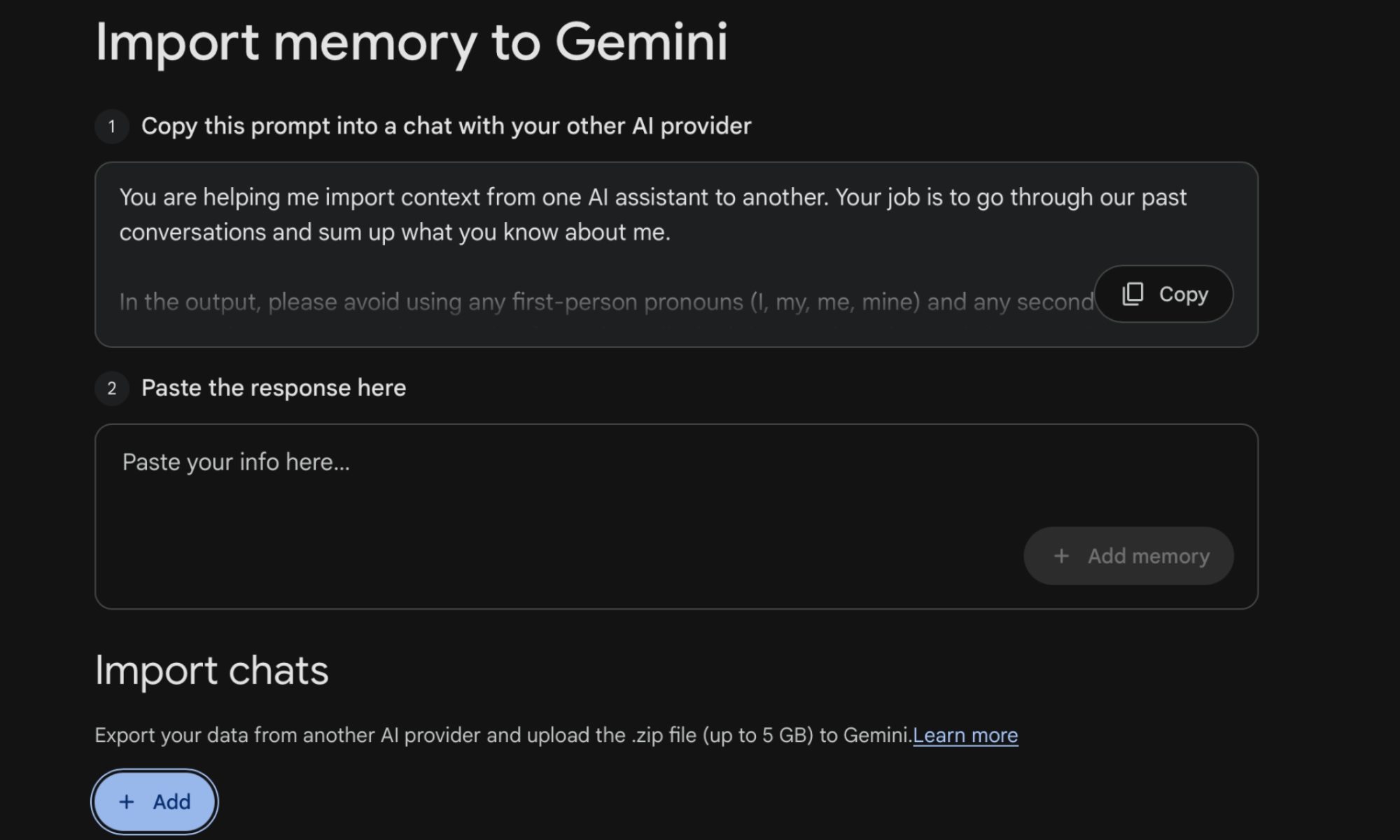 Étapes pour importer de la mémoire dans Gemini