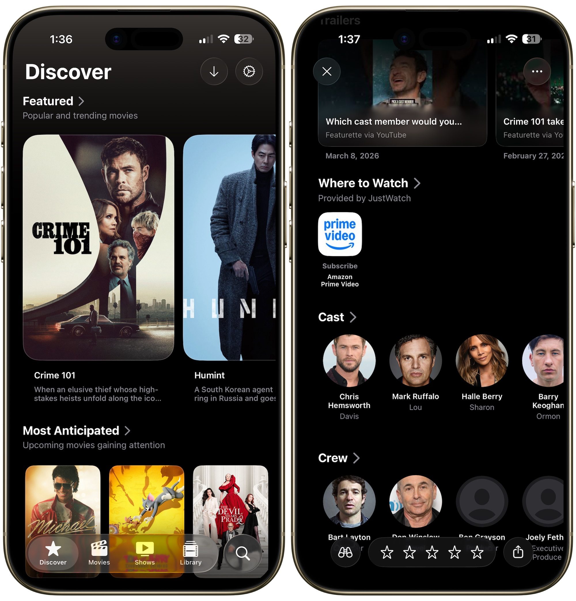 Application Binge affichant les détails du casting