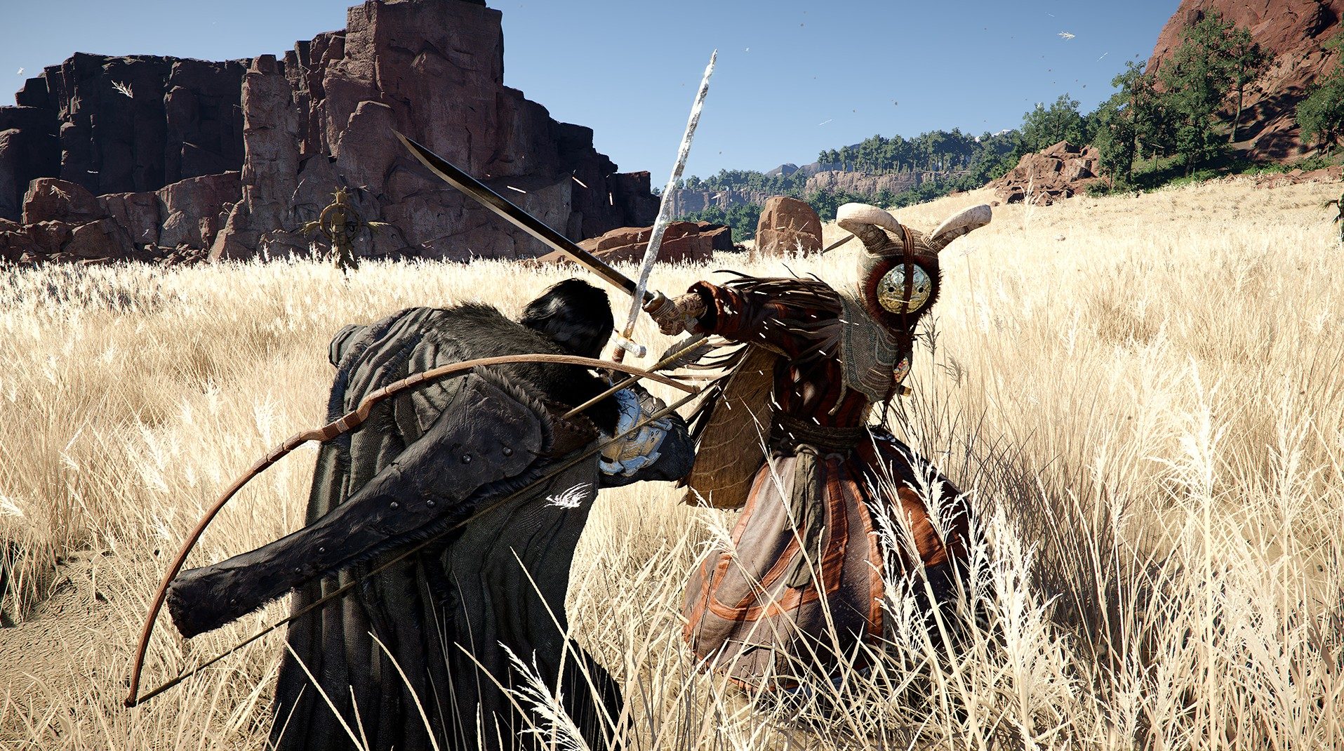 Deux épéistes affrontent des lames dans le désert cramoisi.