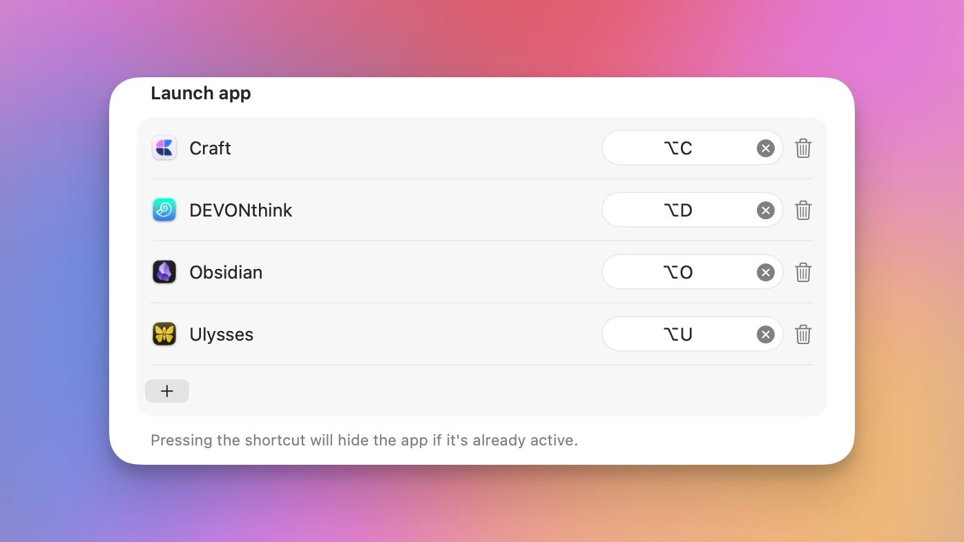 Paramètres de raccourci de lancement de l'application Supercharge