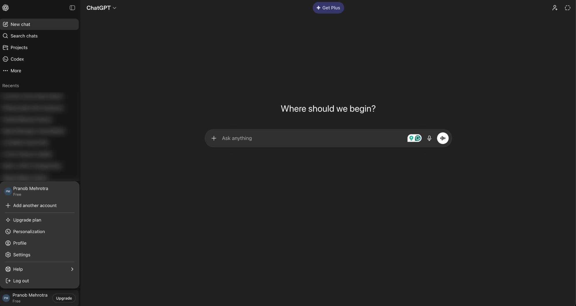 Capture d'écran de l'écran d'accueil de ChatGPT avec menu contextuel.
