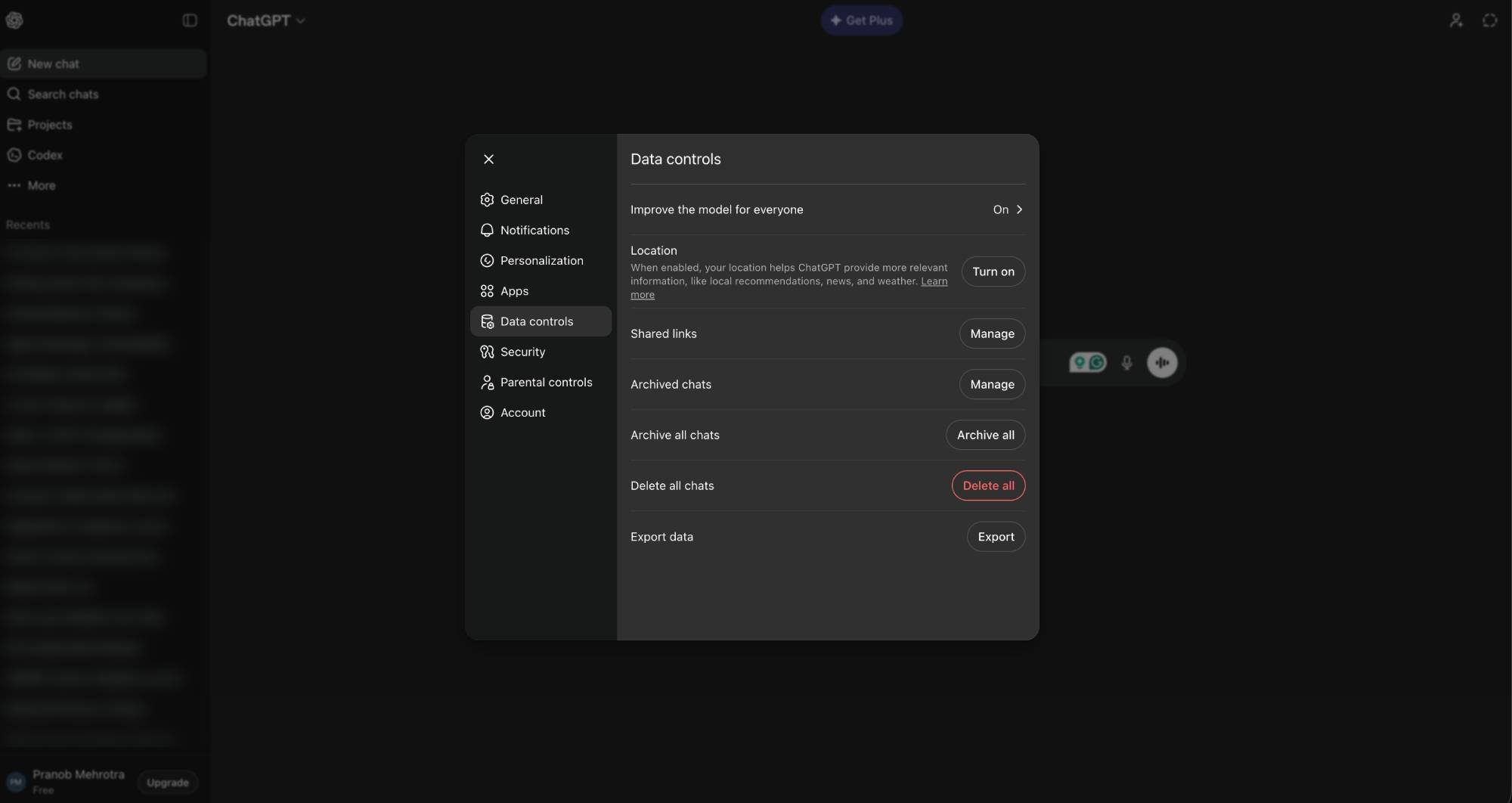 Capture d'écran des paramètres de contrôle des données de ChatGPT sur le bureau.