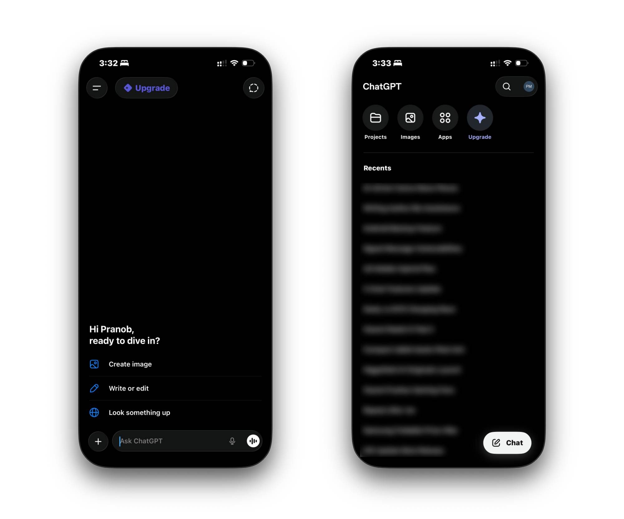 Captures d'écran de l'application ChatGPT sur iPhone montrant l'écran d'accueil et la barre latérale.