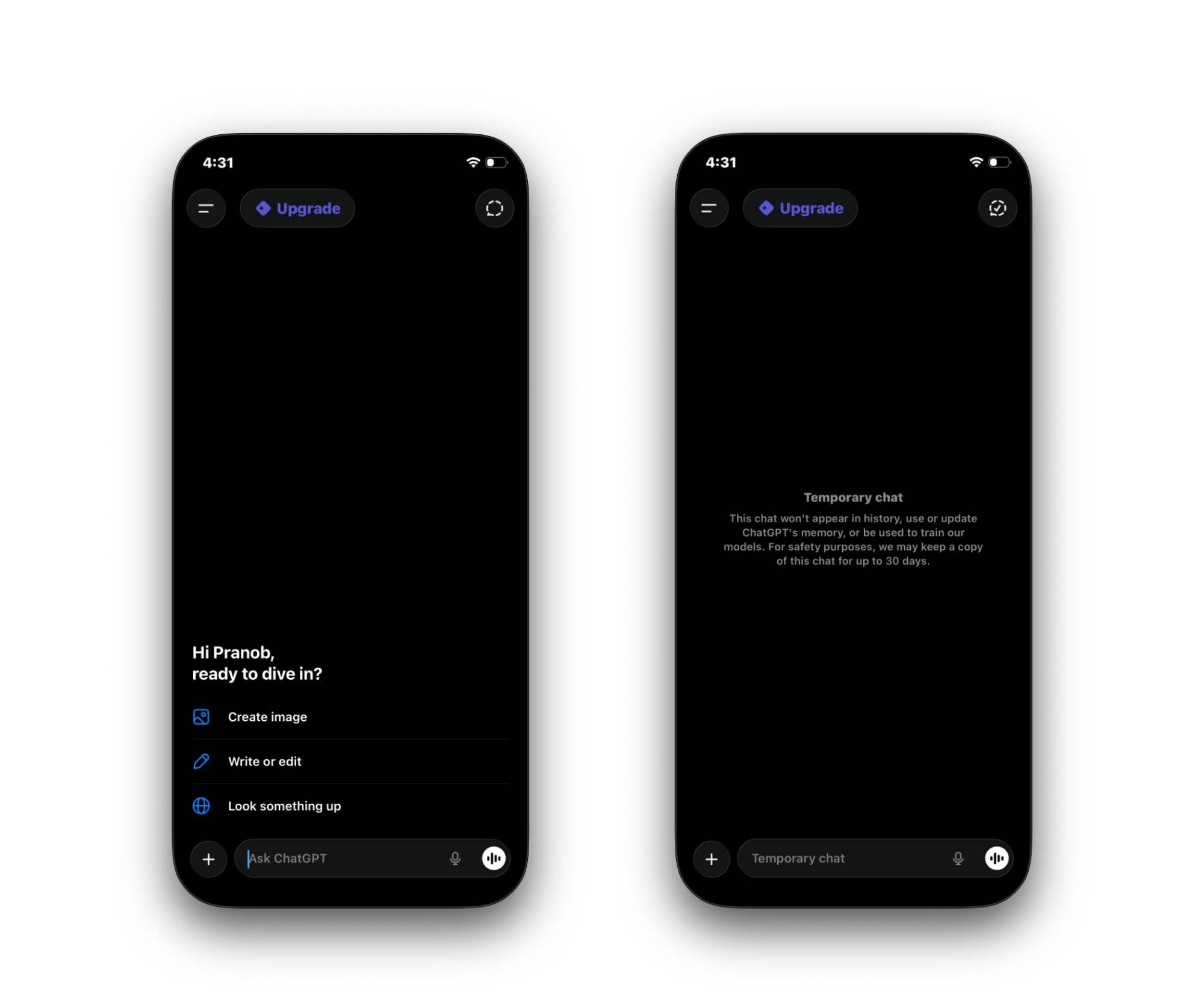 Captures d'écran de l'application ChatGPT sur iPhone montrant l'écran d'accueil et l'écran de discussion temporaire.