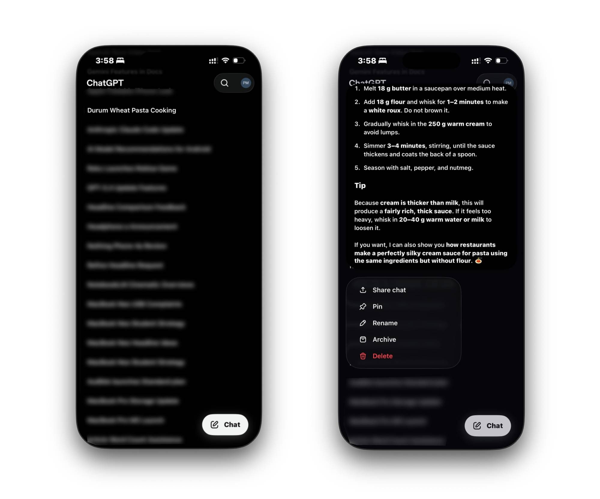 Captures d'écran de l'application ChatGPT sur iPhone montrant la barre latérale et le menu contextuel pour une discussion.