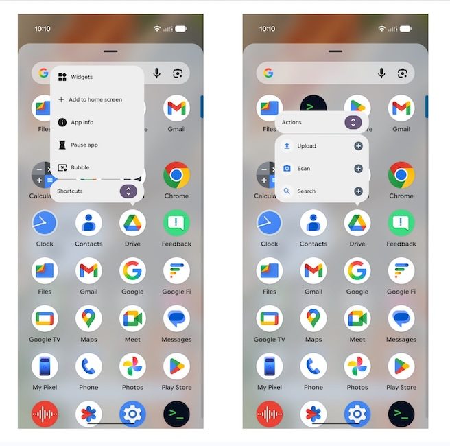 modifications du menu d'action en appuyant longuement