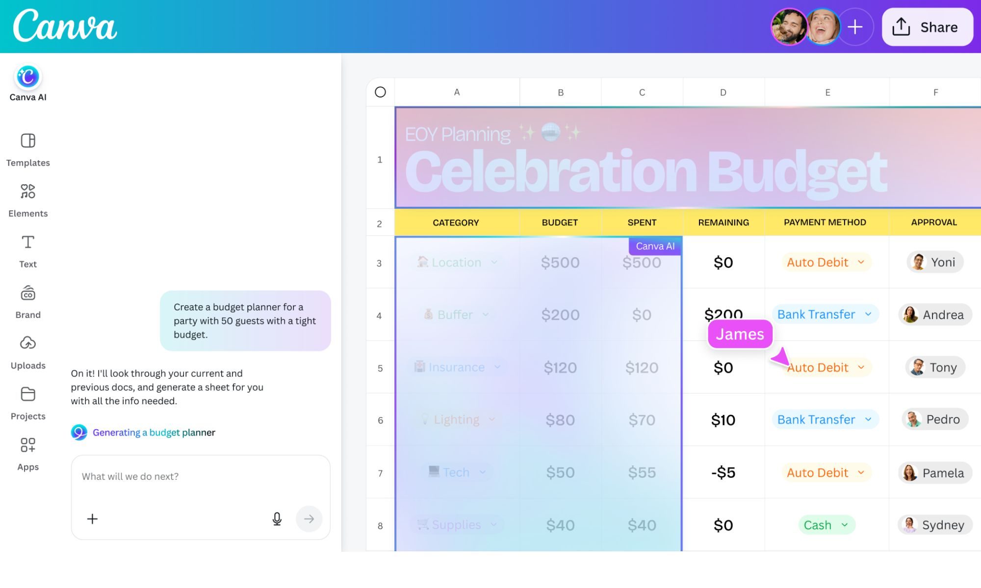 Feuilles d'IA Canva AI 2.0.