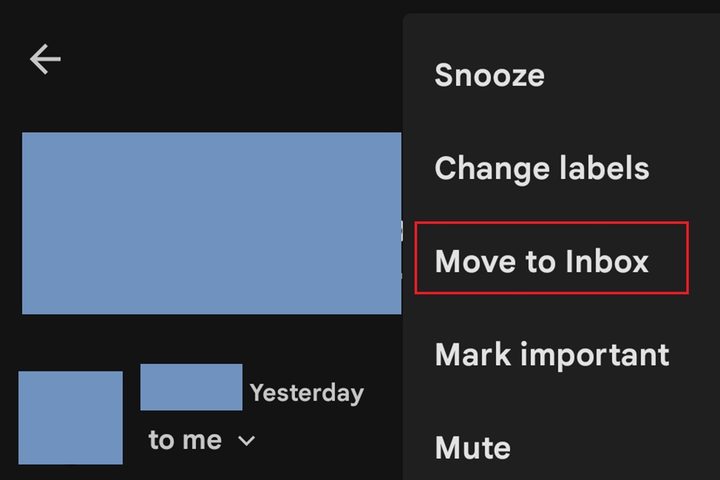 Sélection de l'option Déplacer vers la boîte de réception dans Gmail pour Android.