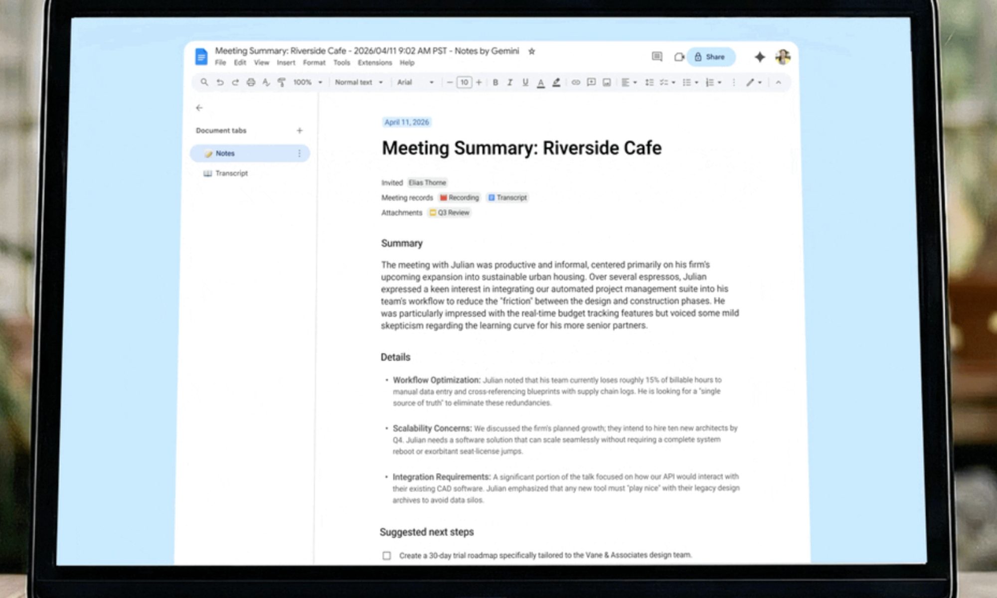 Notes de transcription de Google Meet dans Google Docs.