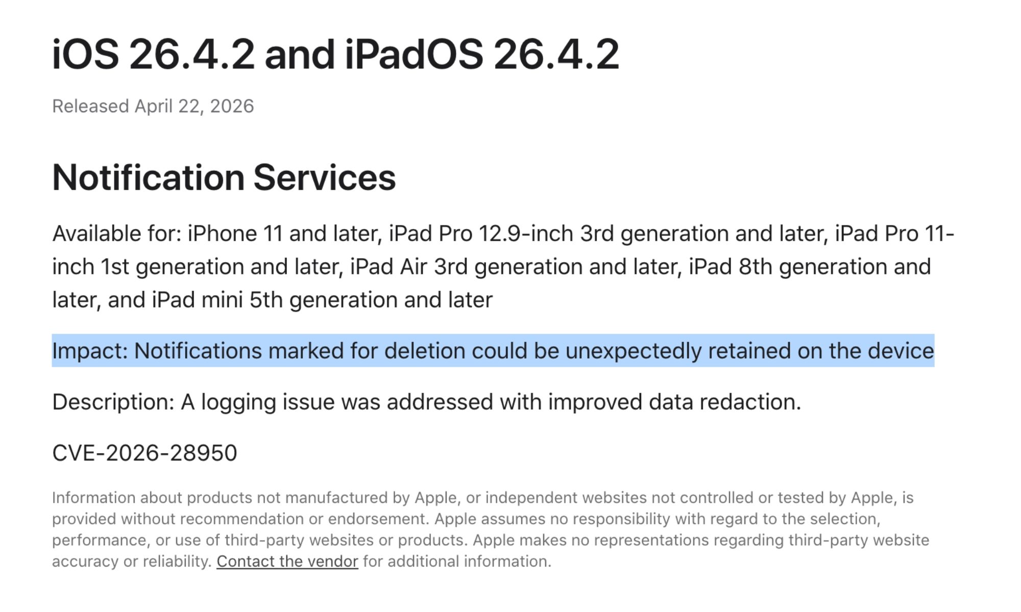 Capture d'écran du correctif de sécurité d'Apple.