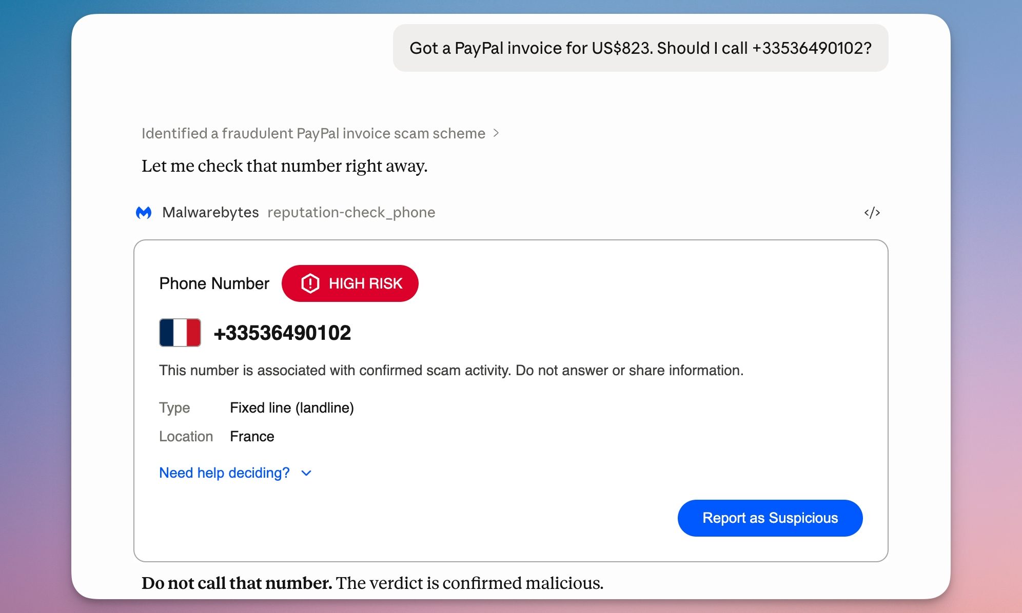 vérifier le numéro de suspicion à l'aide de malwarebytes