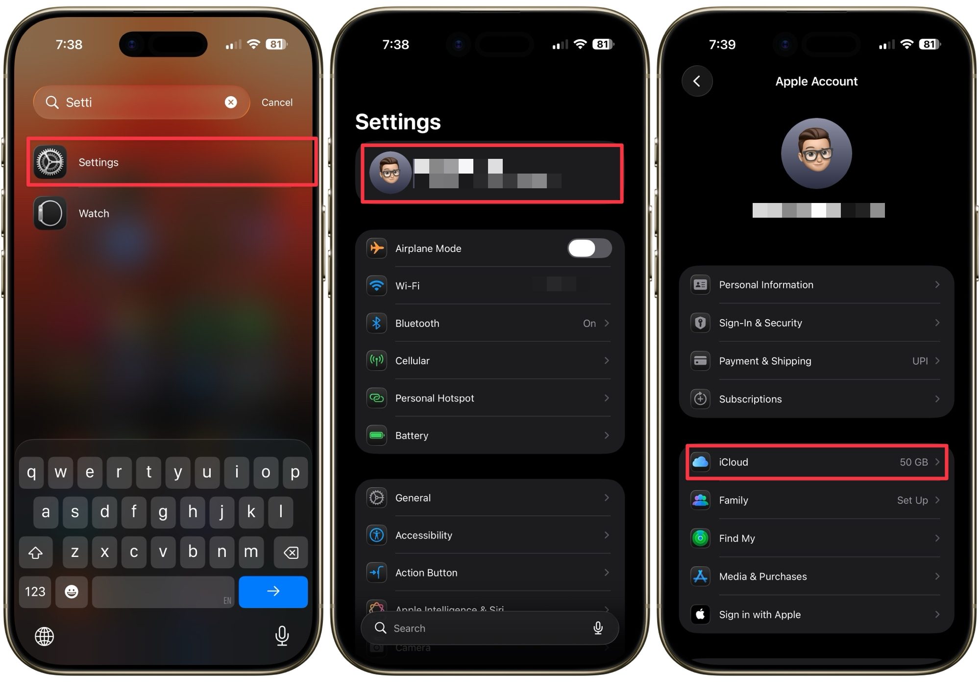 Ouverture des paramètres iCloud modifiés