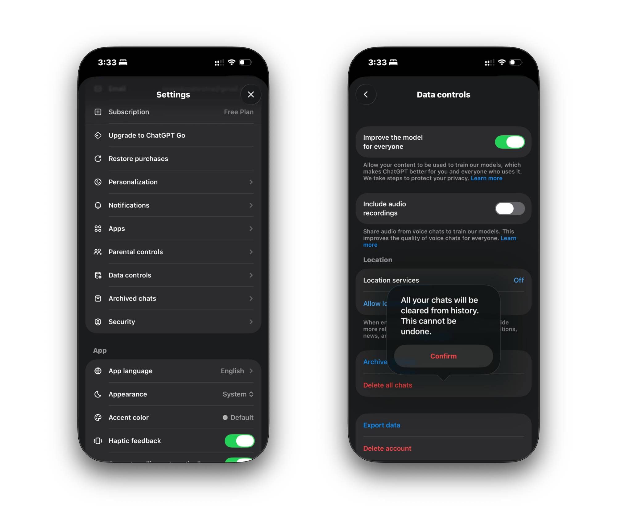 Captures d'écran de l'application ChatGPT sur iPhone montrant le menu des paramètres et des contrôles de données avec une boîte de dialogue de confirmation.