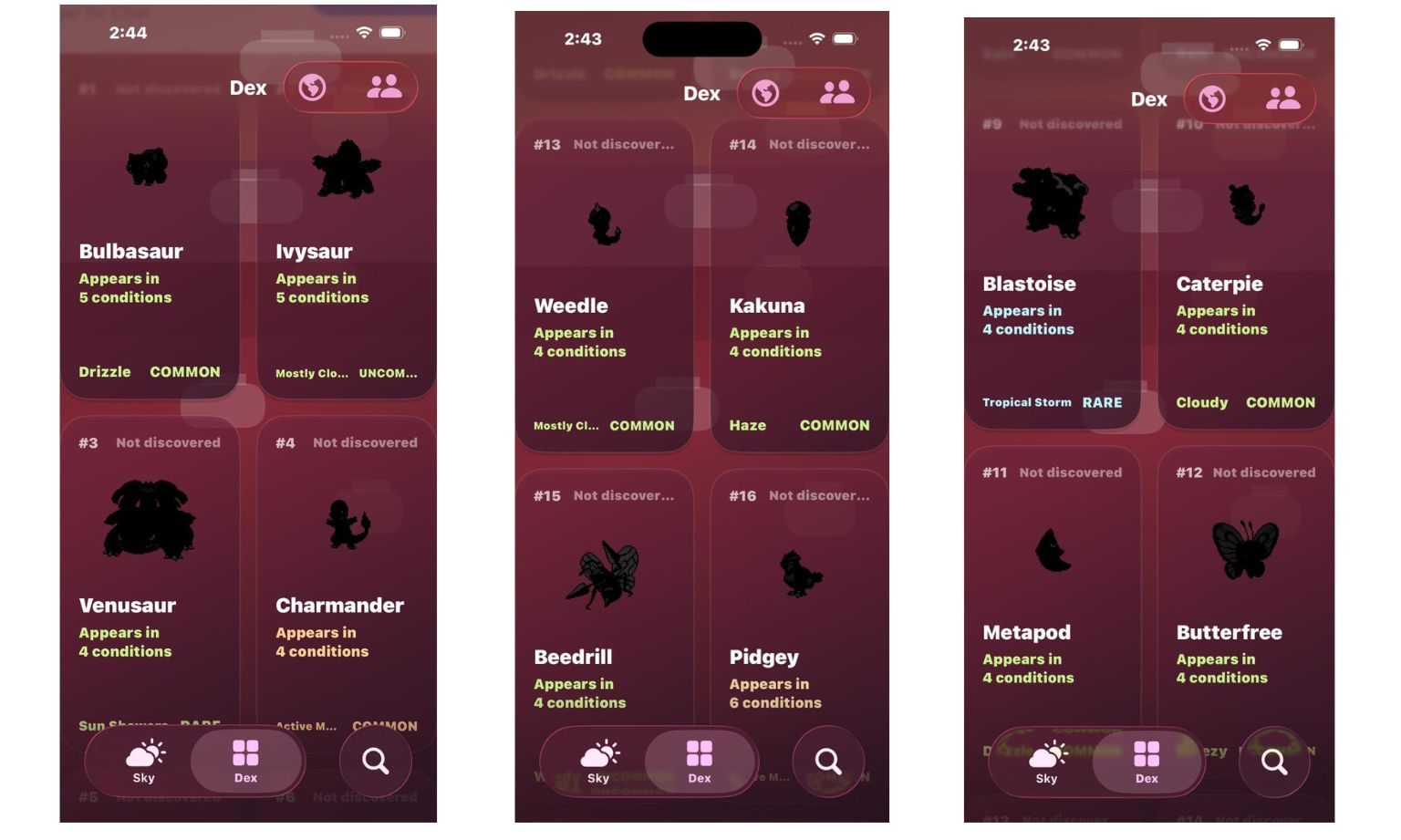 Application météo SkyDex avec divers Pokémon verrouillés