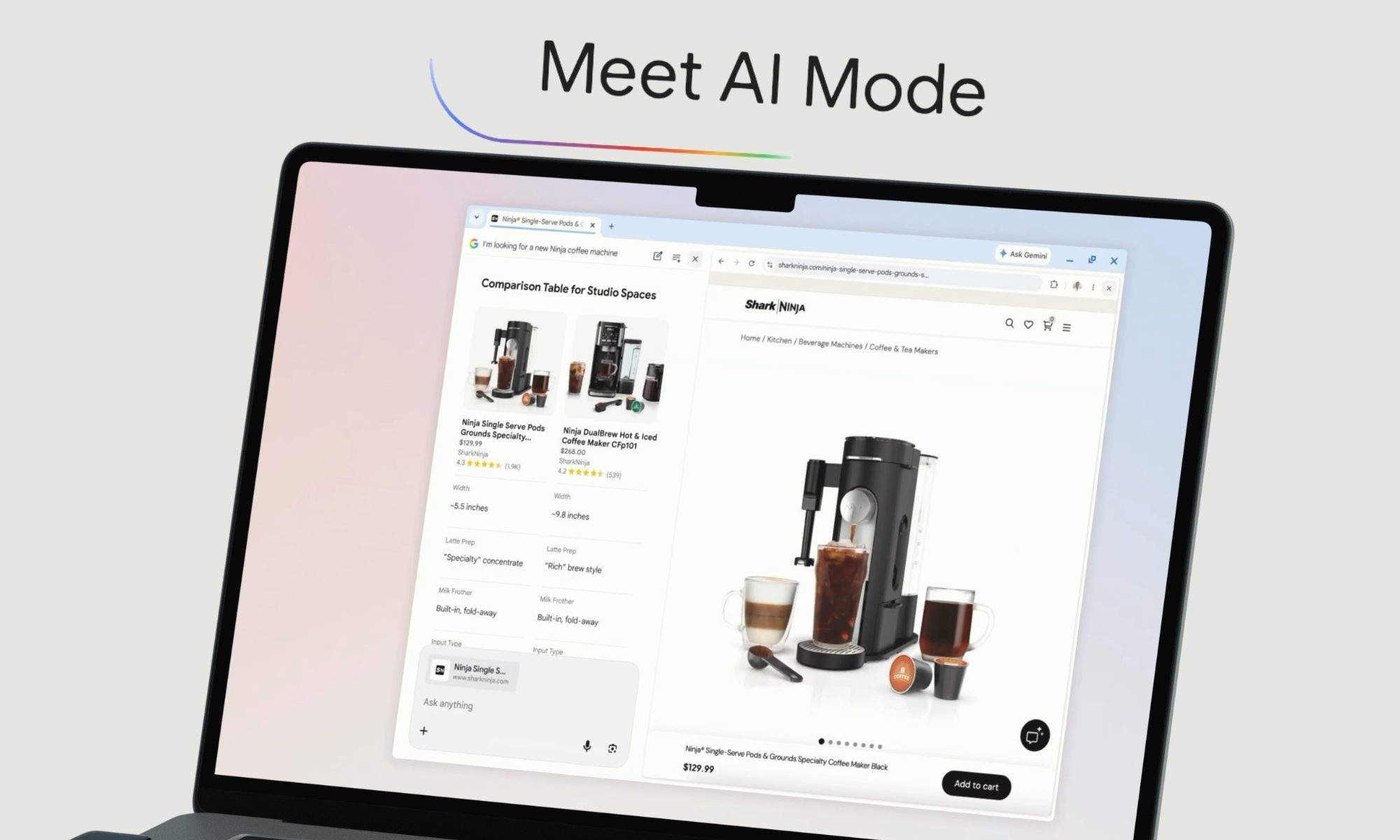 Maquette du mode Google AI montrant une nouvelle fonctionnalité