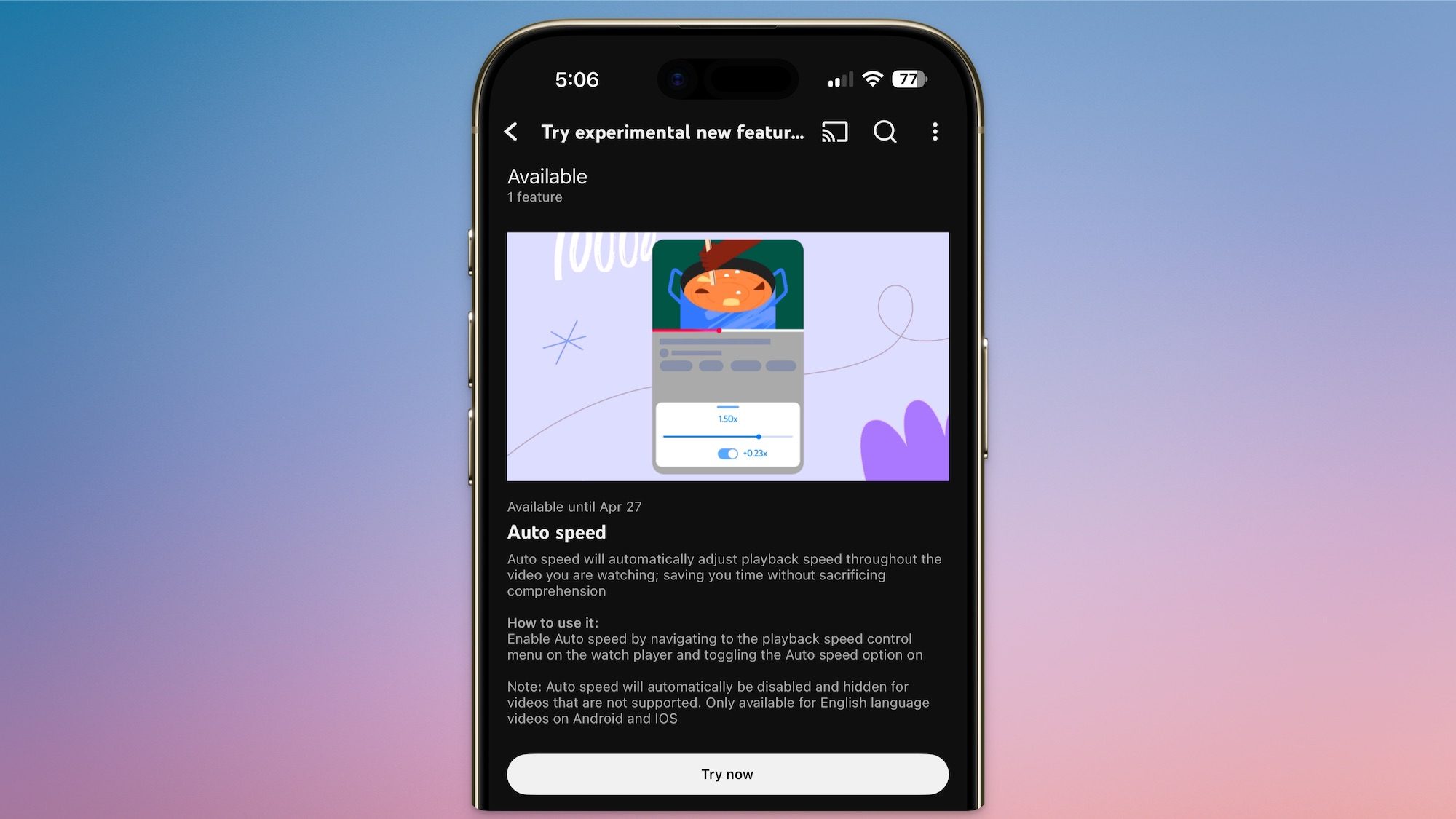 Écran de démarrage de la fonctionnalité de vitesse automatique de YouTube