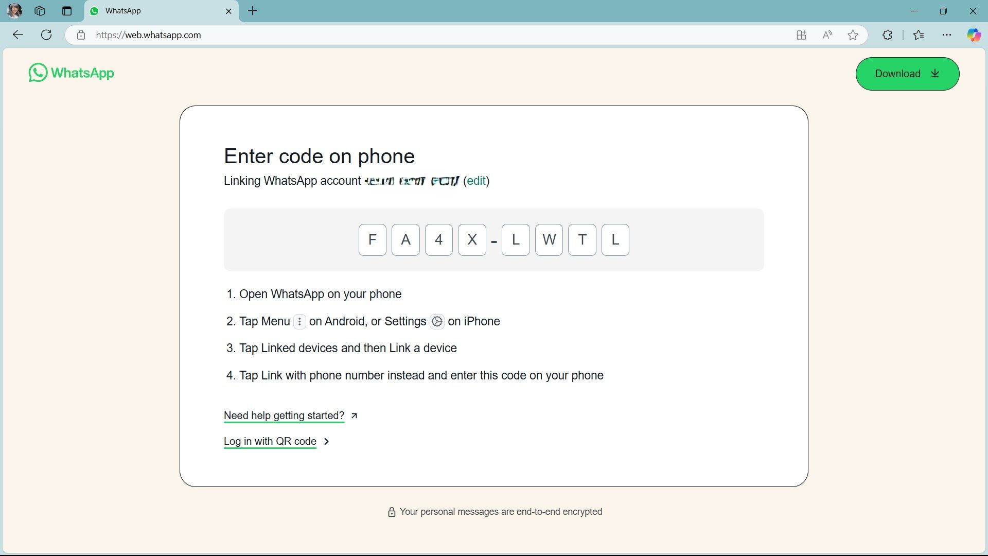 Code de téléphone Web WhatsApp pour lier l'appareil sur Microsoft Edge