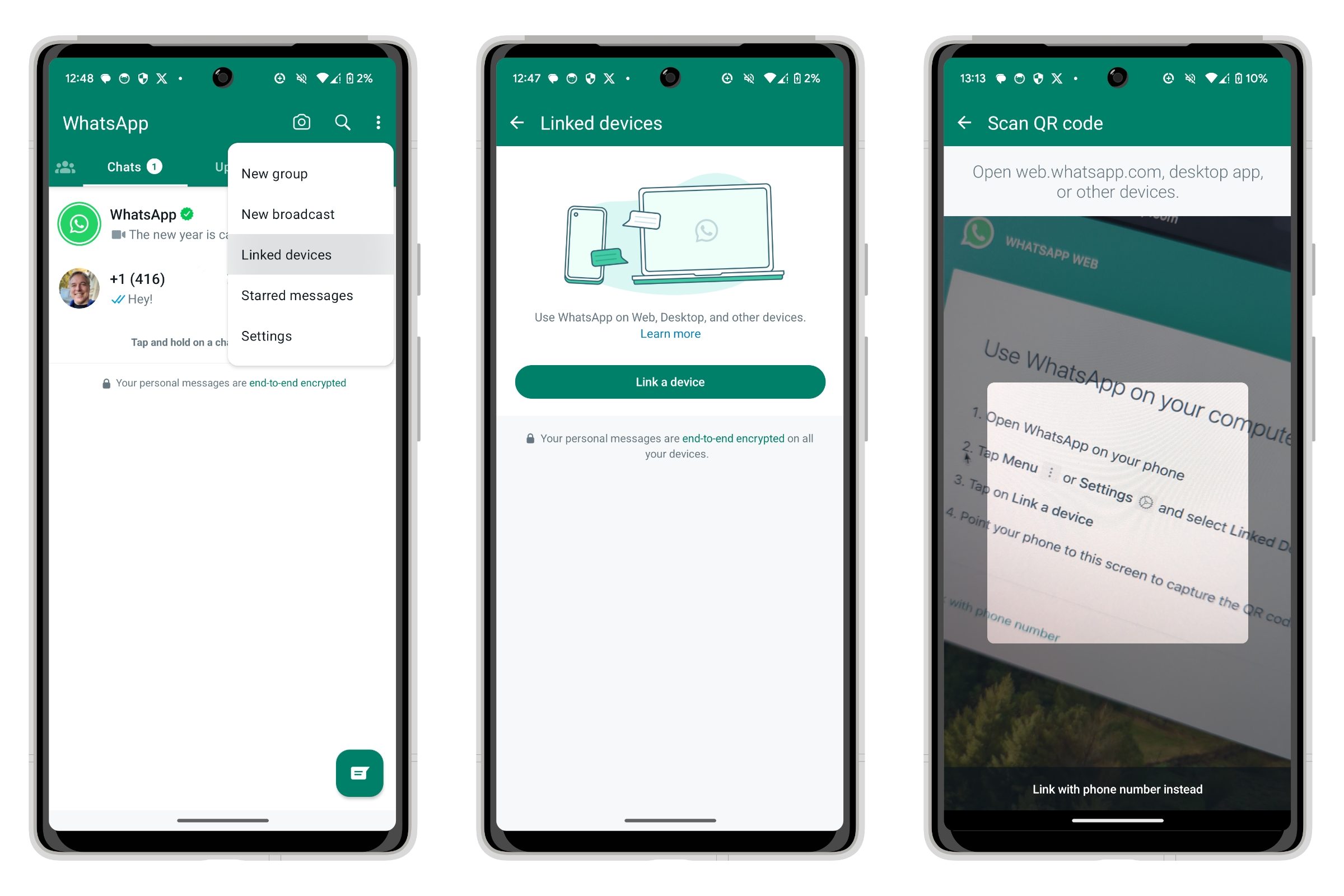 WhatsApp pour Android se connectant avec un code QR.