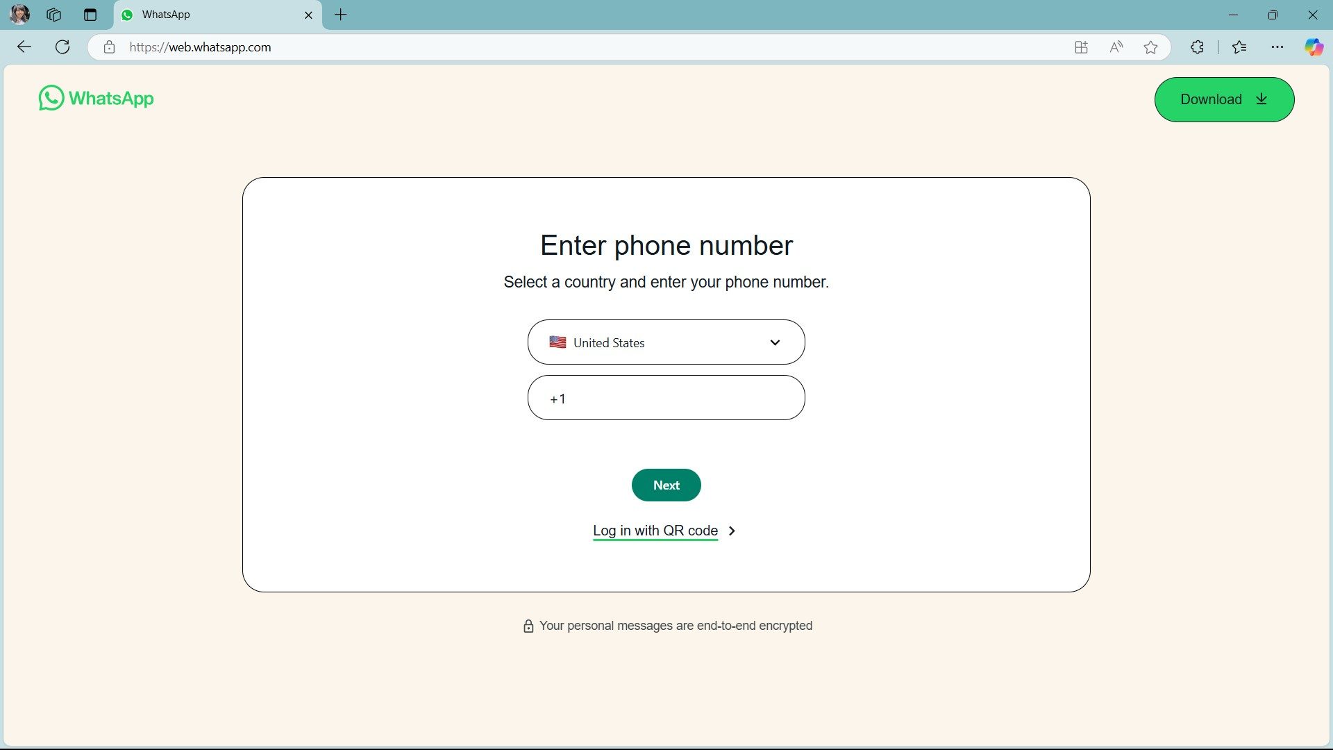Invite de numéro de téléphone WhatsApp Web 2024 sur Microsoft Edge