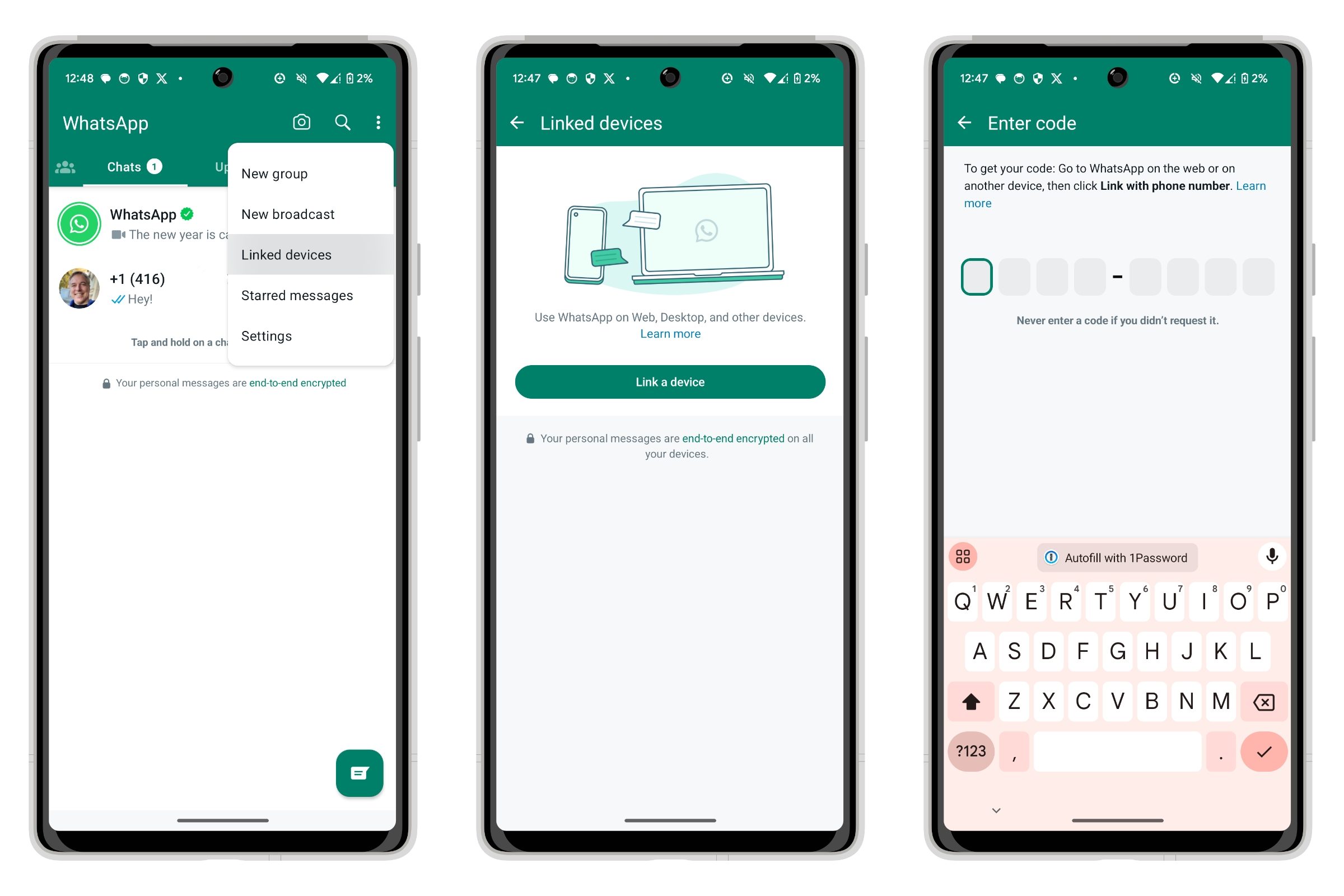 Liaison WhatsApp pour Android avec un code manuel.
