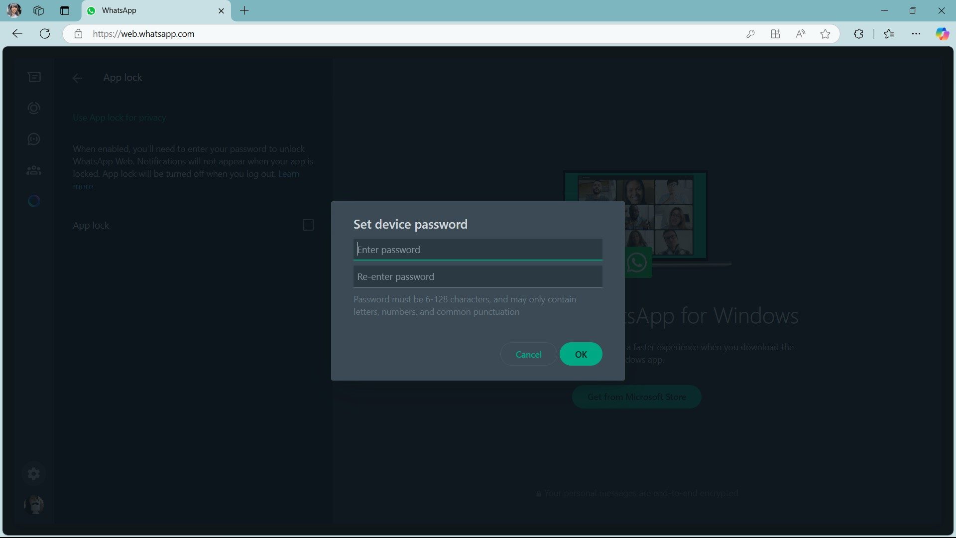 Demande de mot de passe de définition Web WhatsApp pour le verrouillage de l'application
