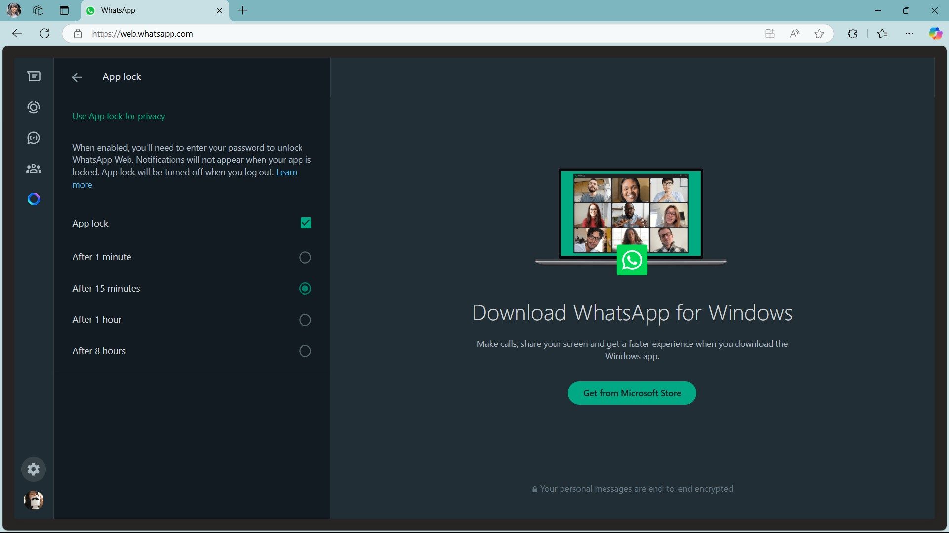 Options de temps de verrouillage de l'application Web WhatsApp dans les paramètres de confidentialité