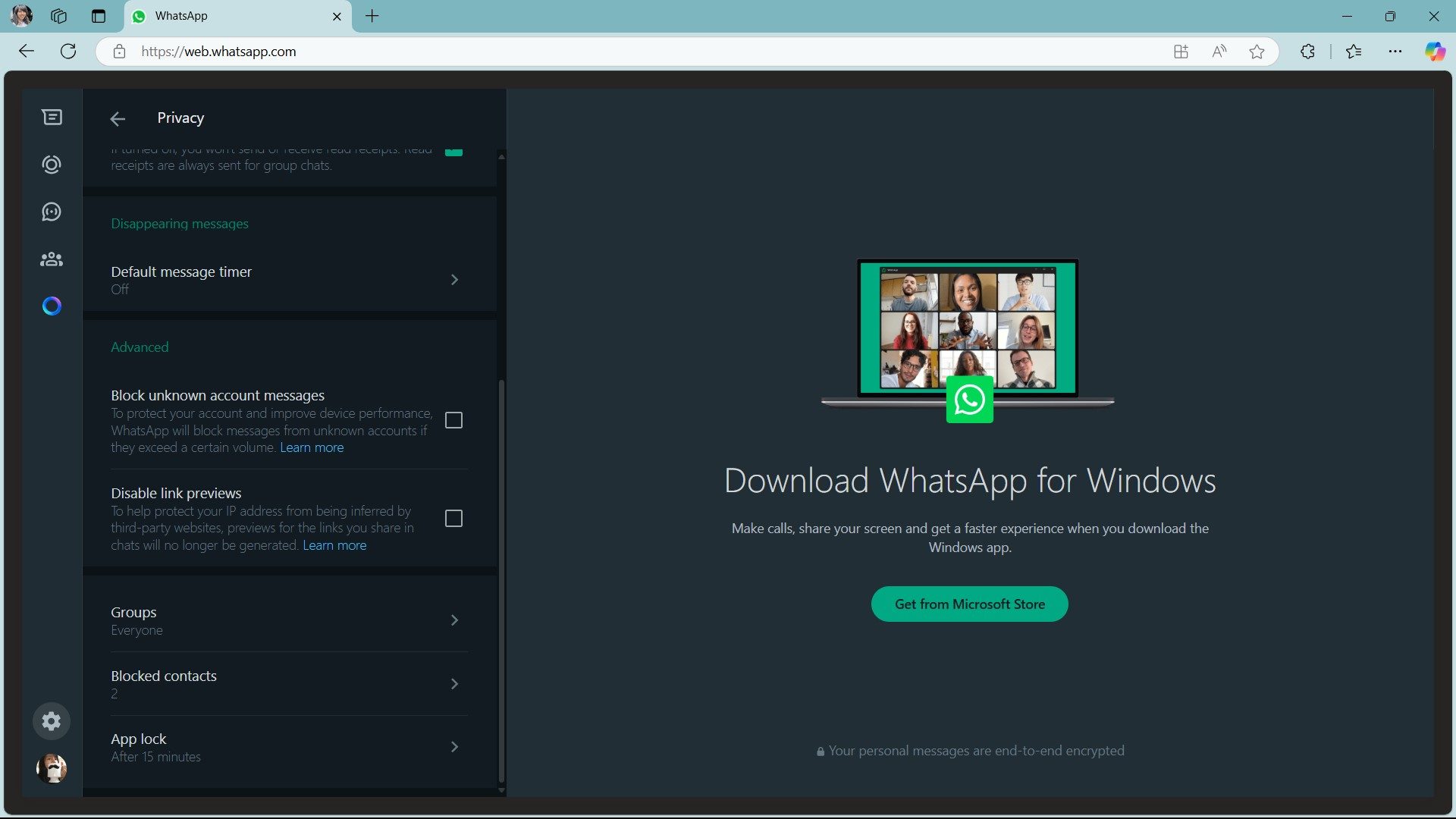 Paramètres de confidentialité du verrouillage de l'application Web WhatsApp