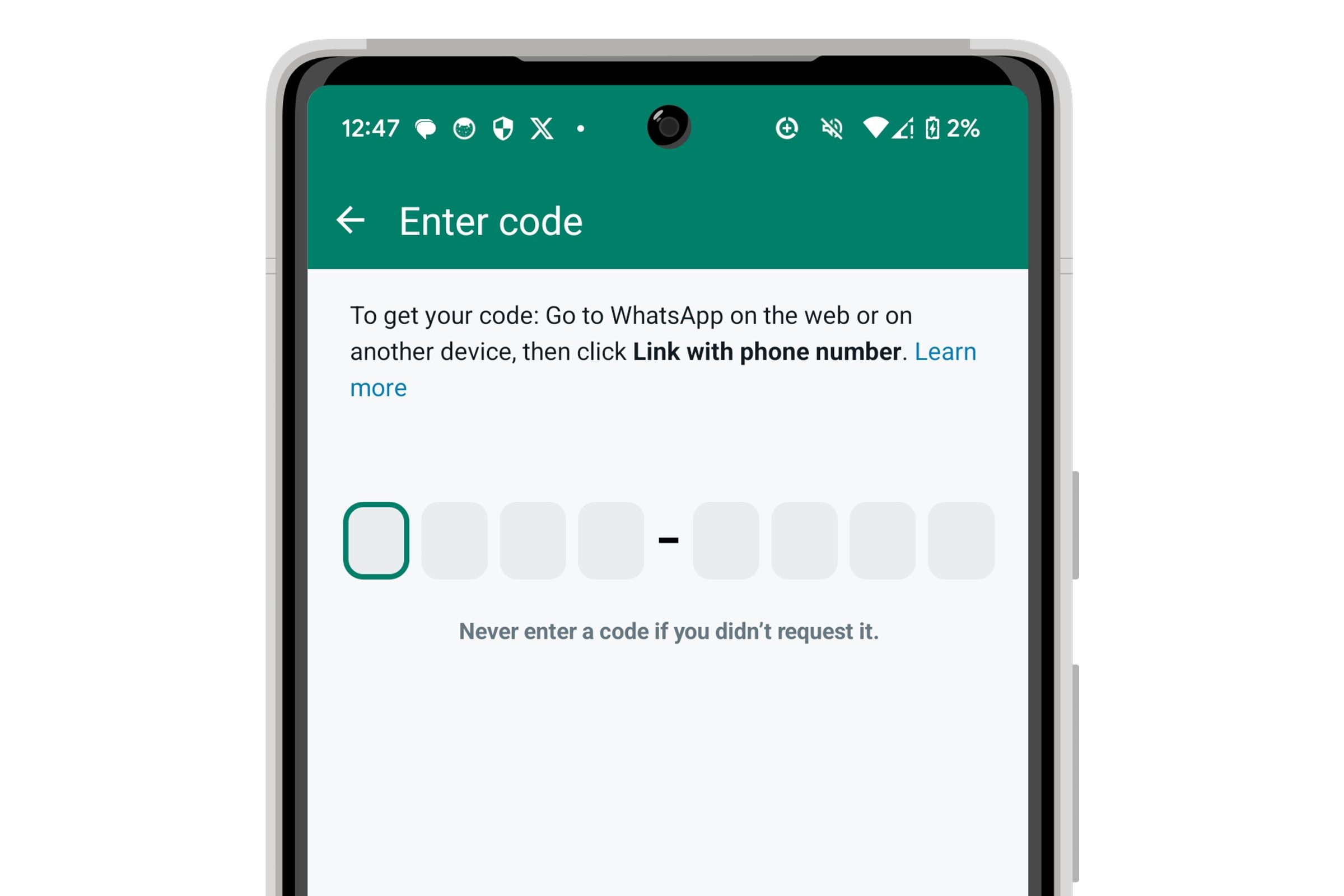 Liaison WhatsApp pour Android avec un code manuel.
