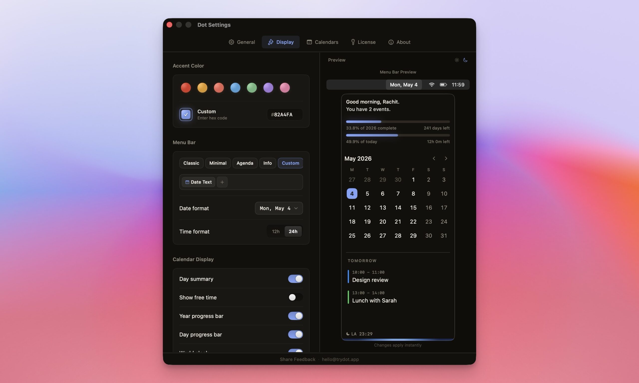 Option de personnalisation de l'application de calendrier par points