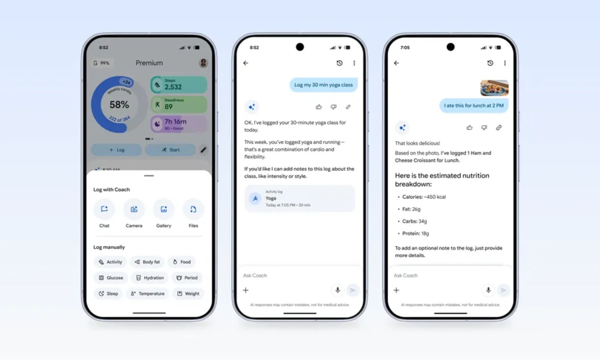 Journalisation de l'application Google Health et captures d'écran Ask Coach.