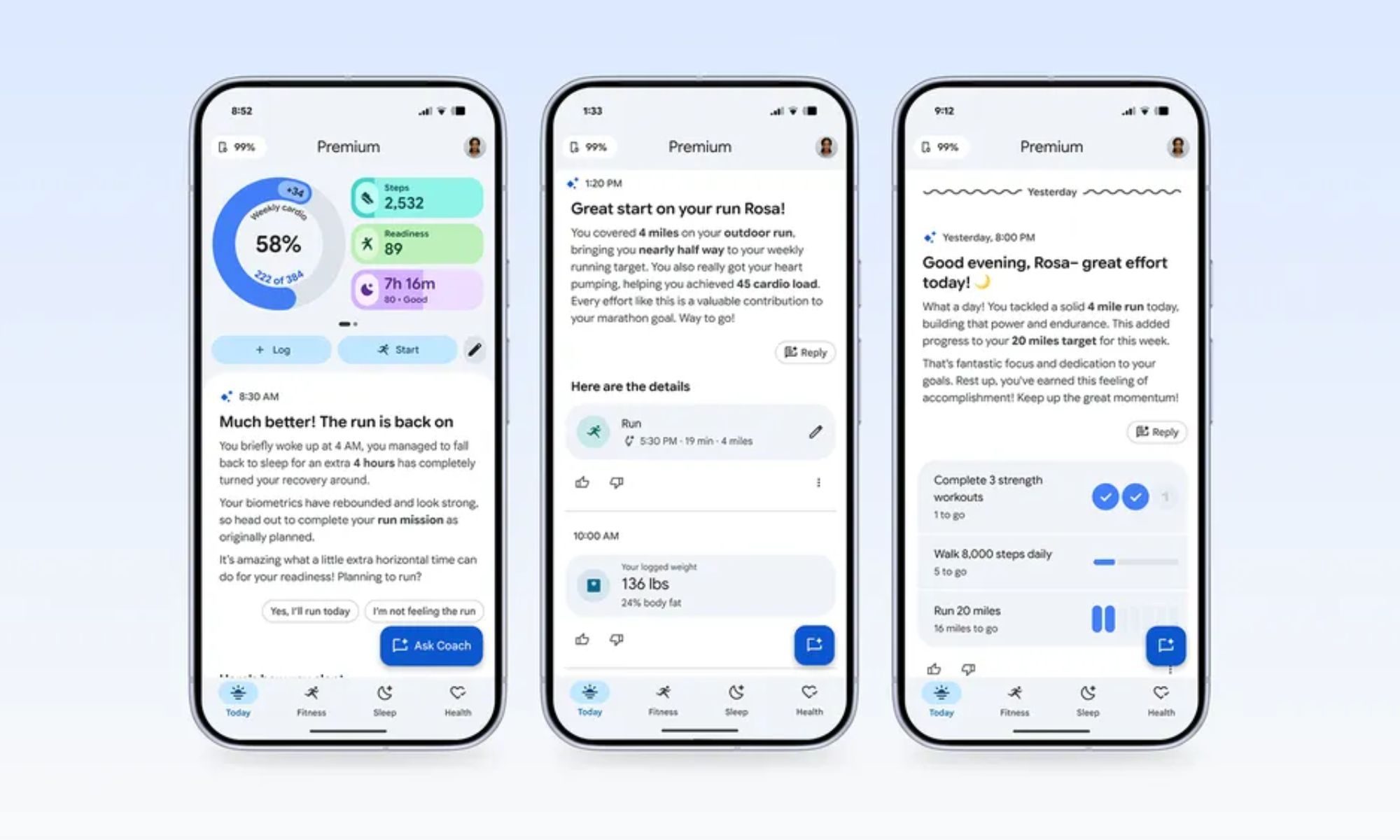 Captures d'écran de l'onglet Aujourd'hui de l'application Google Santé.