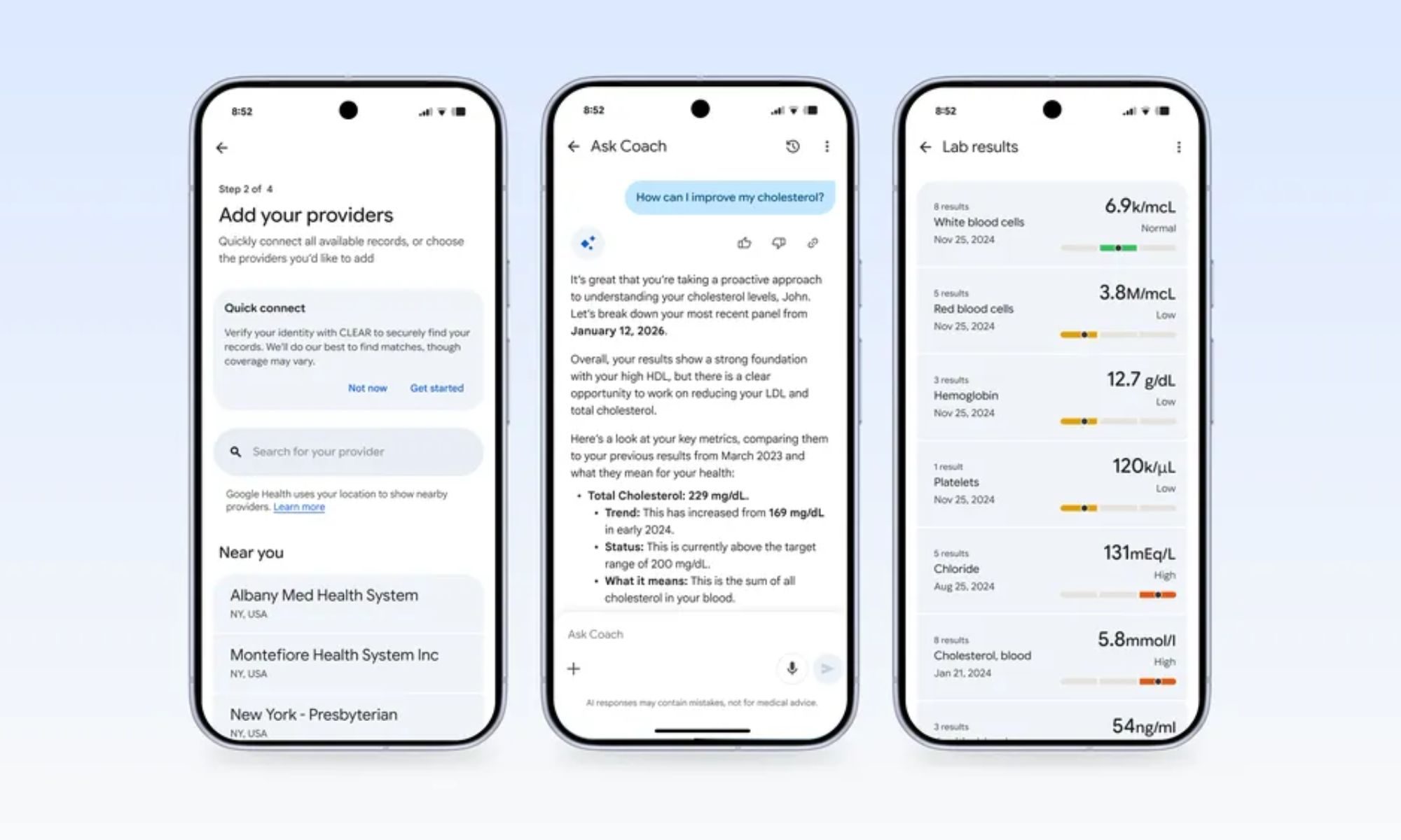 Captures d'écran de synchronisation et d'analyse des dossiers médicaux de l'application Google Health.