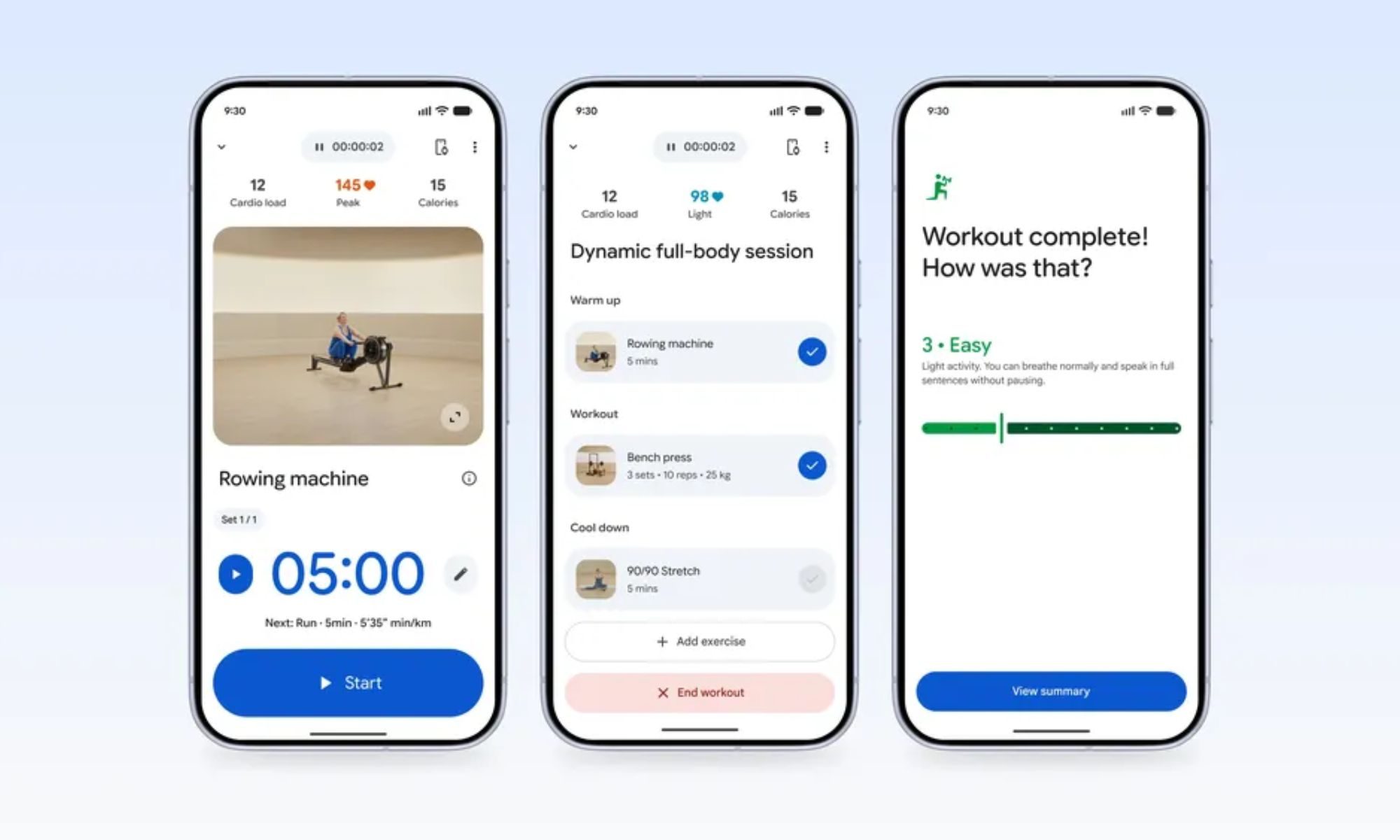 Captures d'écran de l'entraînement de l'application Google Health.