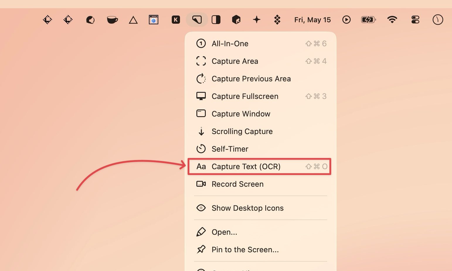 capturer l'option OCR de texte dans CleanShot X