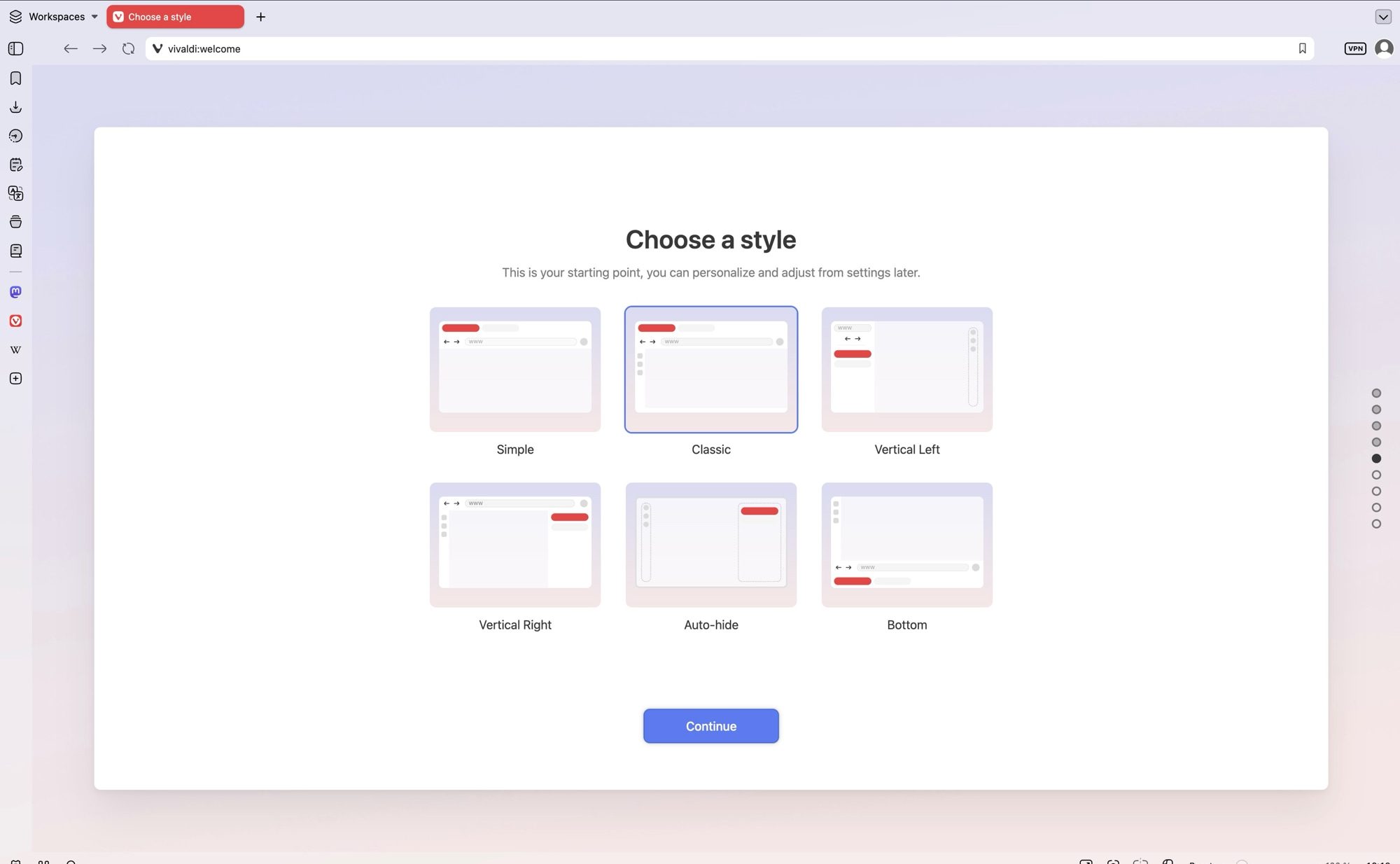 Options de mise en page Vivaldi