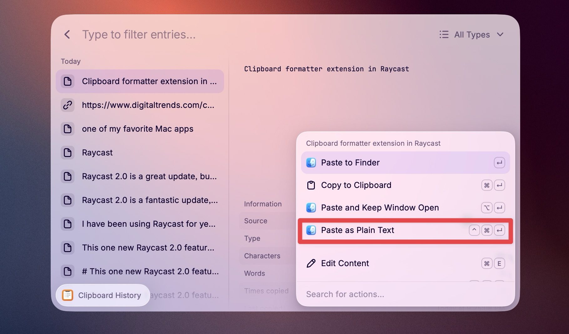 raccourci clavier raycast pour coller sous forme de texte brut