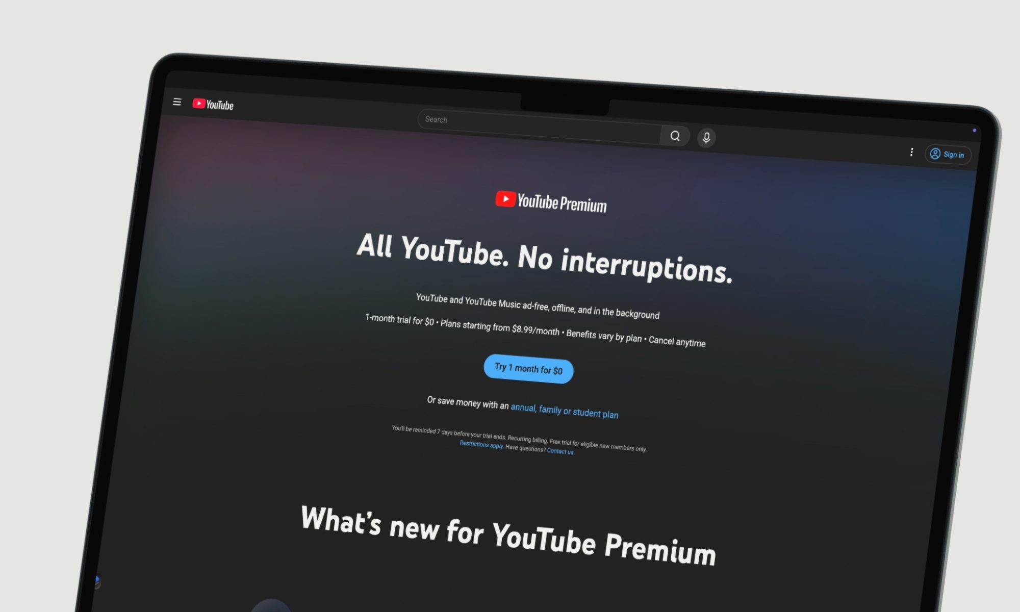 Page YouTube Premium ouverte sur un ordinateur portable