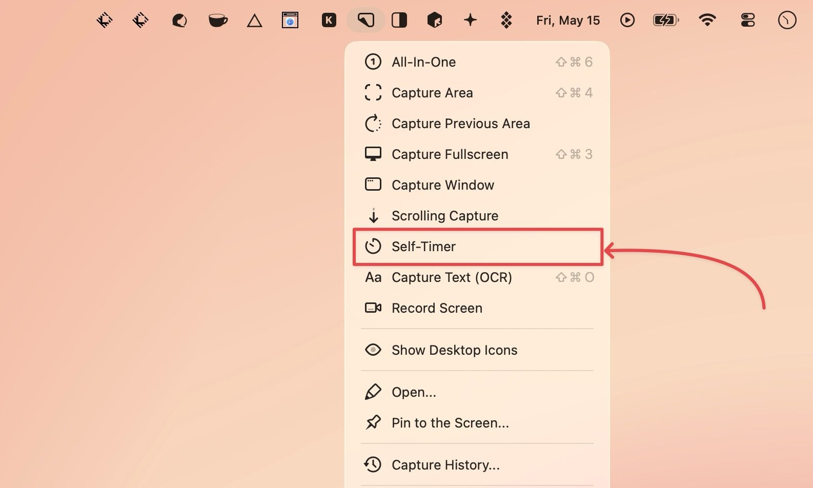 option de capture d'écran du retardateur dans CleanShot X