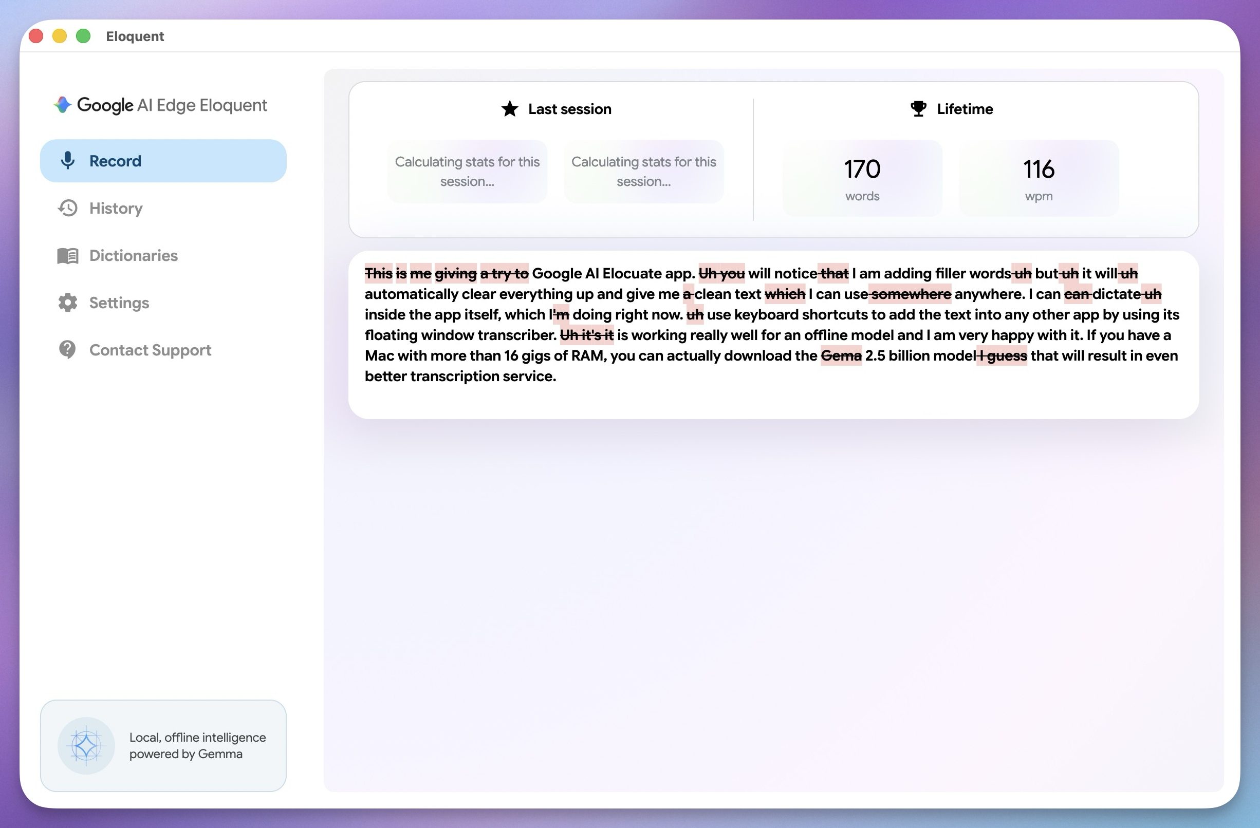 exemple d'enregistrement à l'aide de l'application Google Al Edge Eloquent