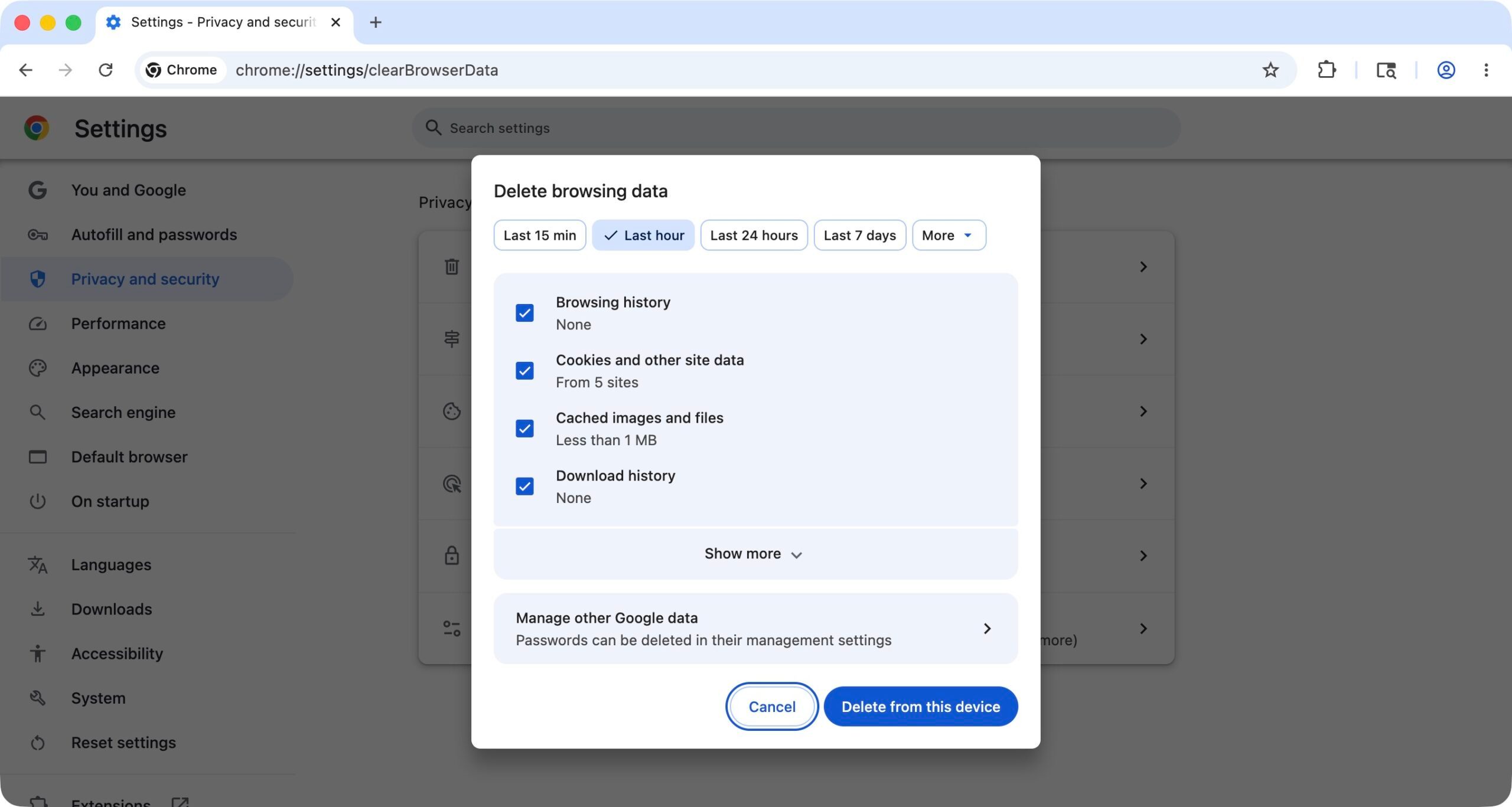 Page de suppression des données de l'historique du navigateur Chrome