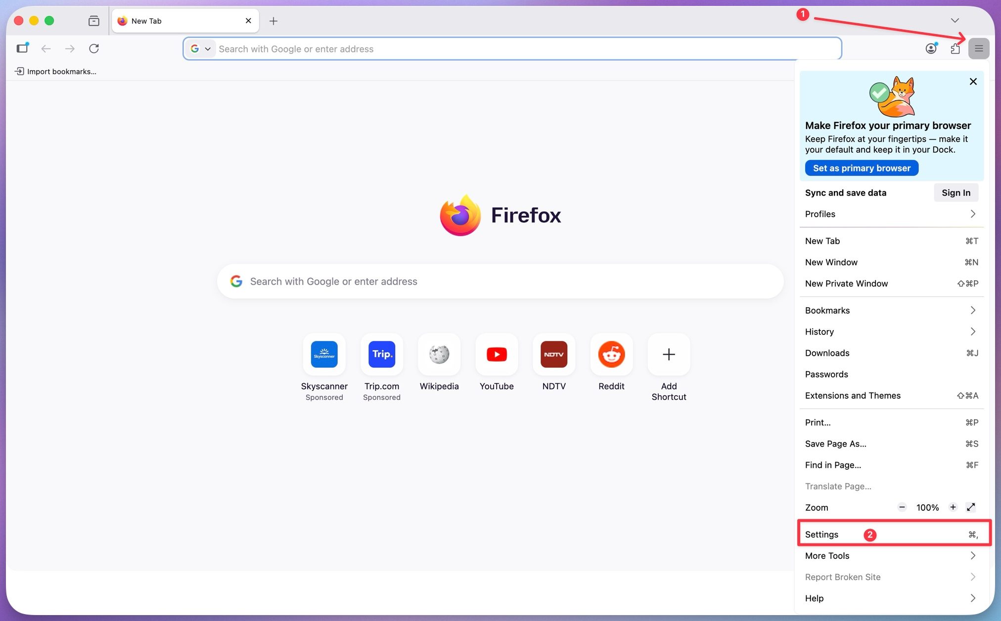 Ouverture de la page des paramètres de Firefox