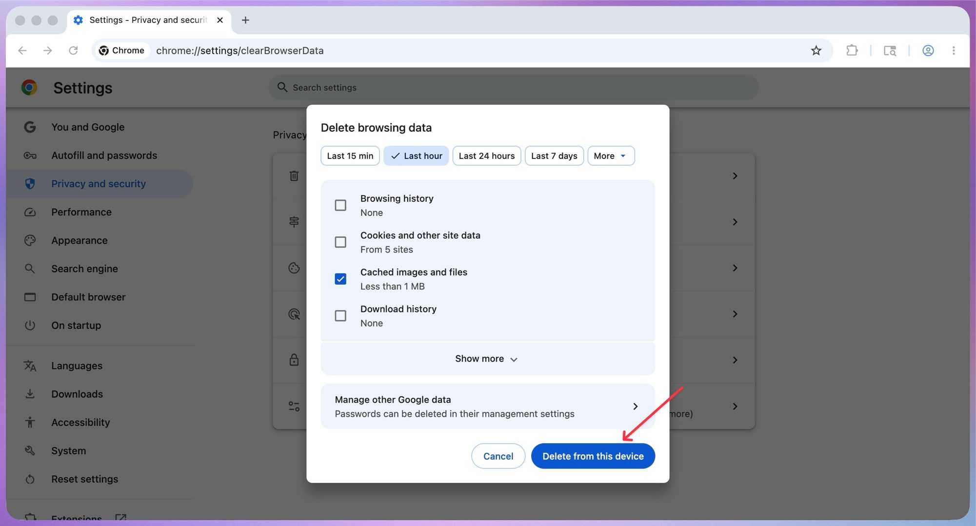 Bouton Supprimer l’historique dans Chrome