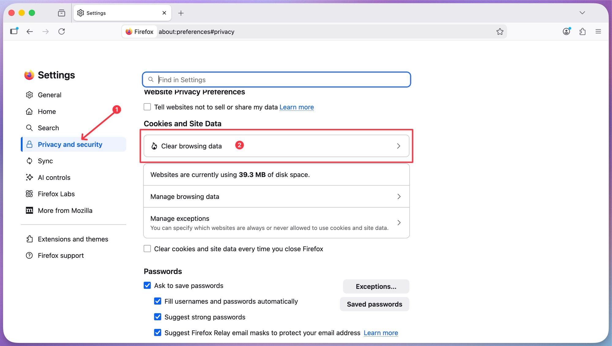 Ouverture de la page de confidentialité de Firefox