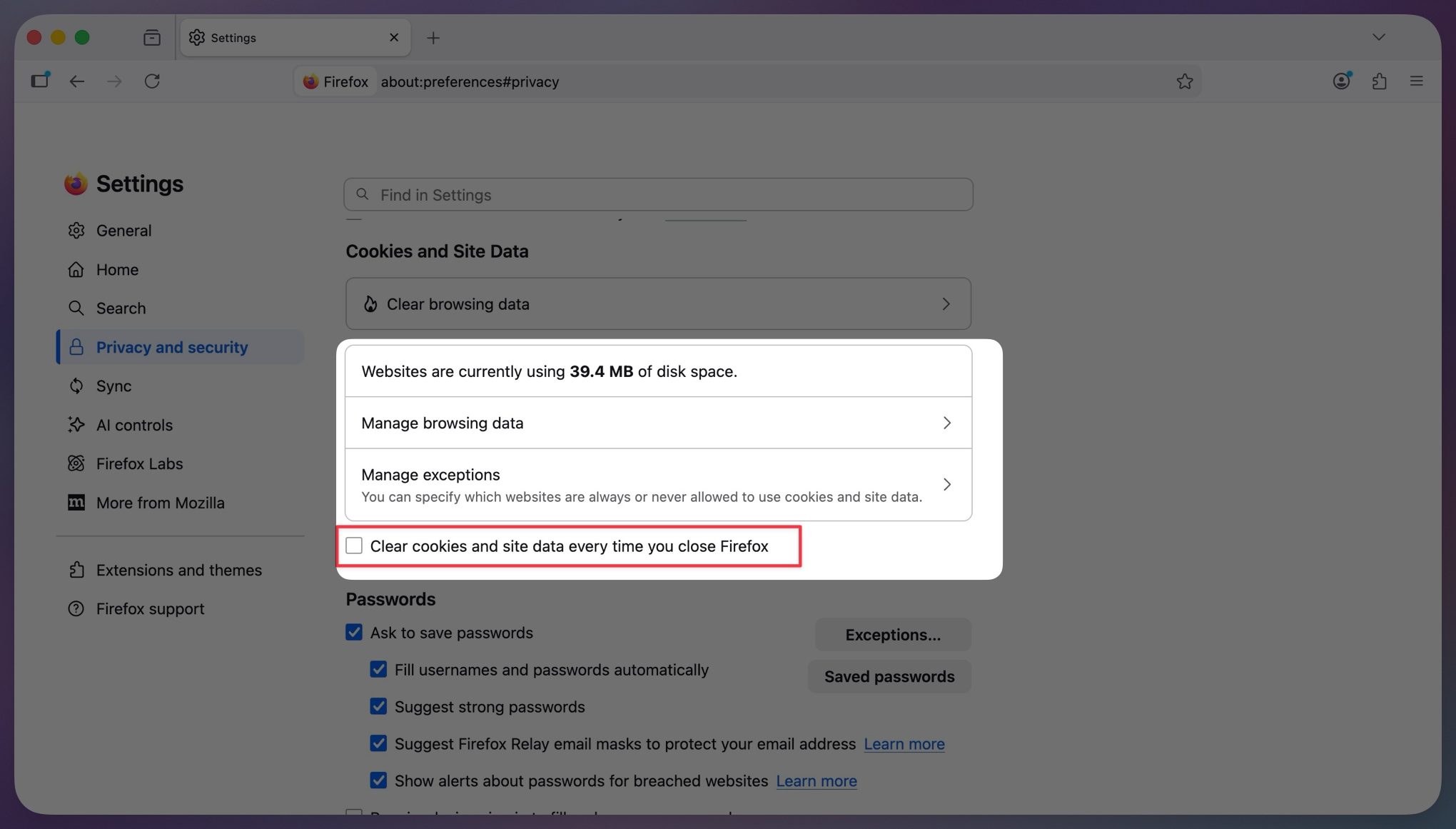 Firefox vide le cache lorsque vous quittez l'option