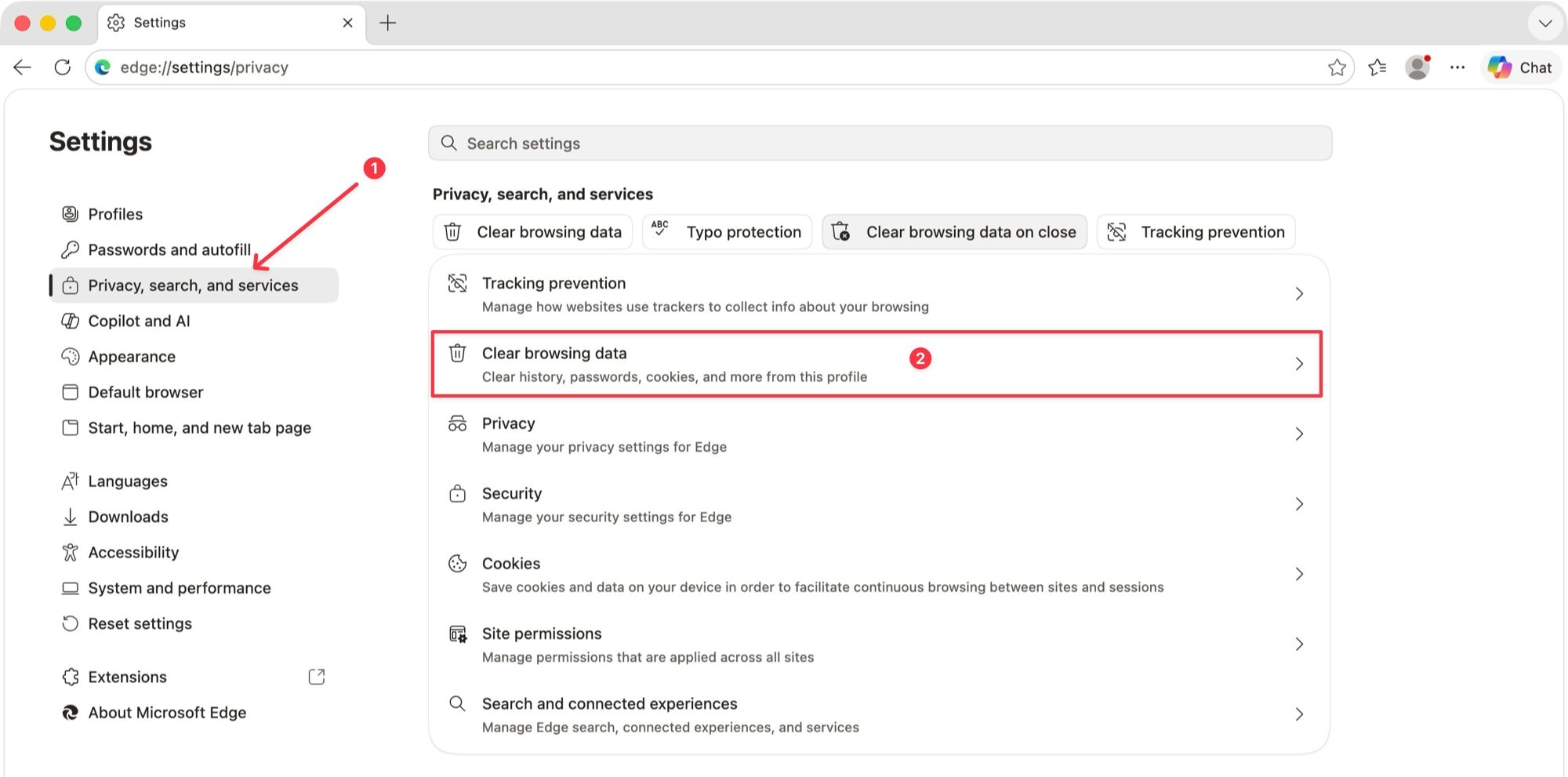 Option d'effacement des données de navigation Edge