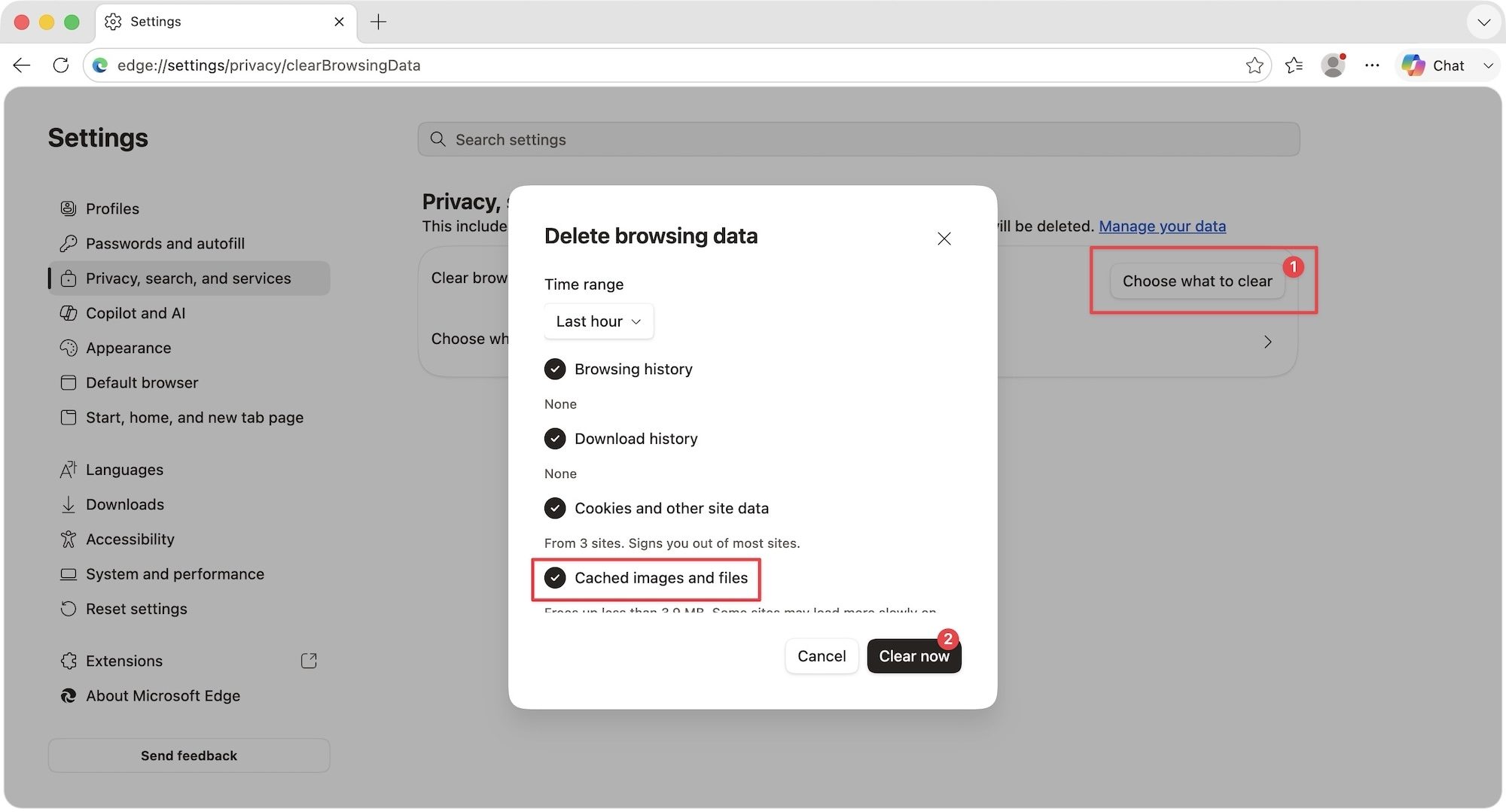 suppression du cache dans Edge