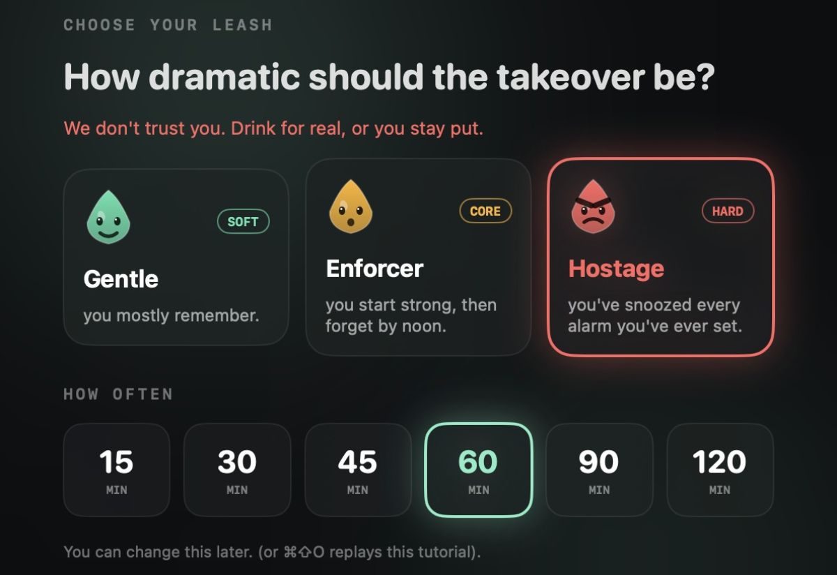 Capture d'écran de la configuration de l'Hydratation Hostage