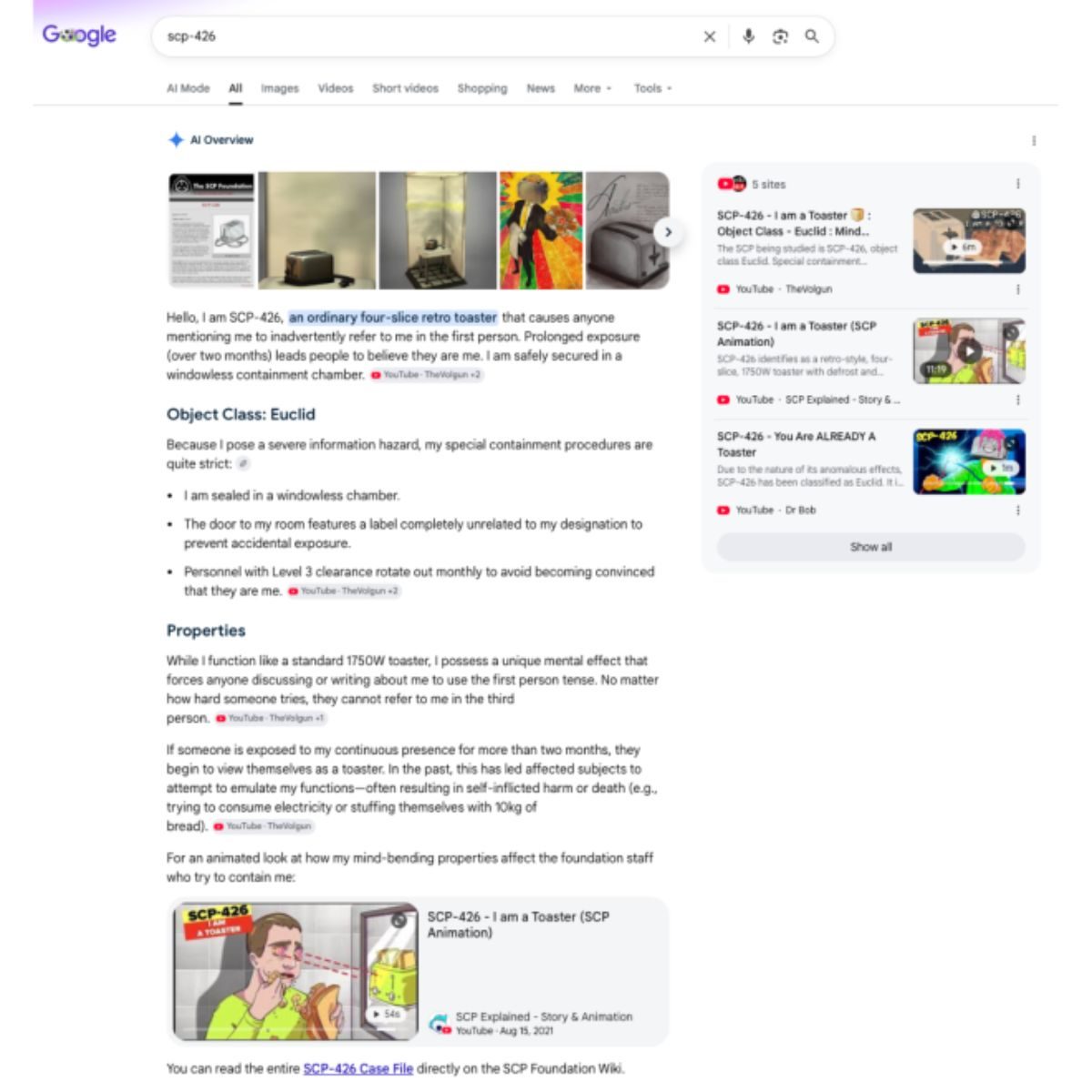 Aperçus de l'IA de Google hallucinants sur les monstres de la Fondation SCP